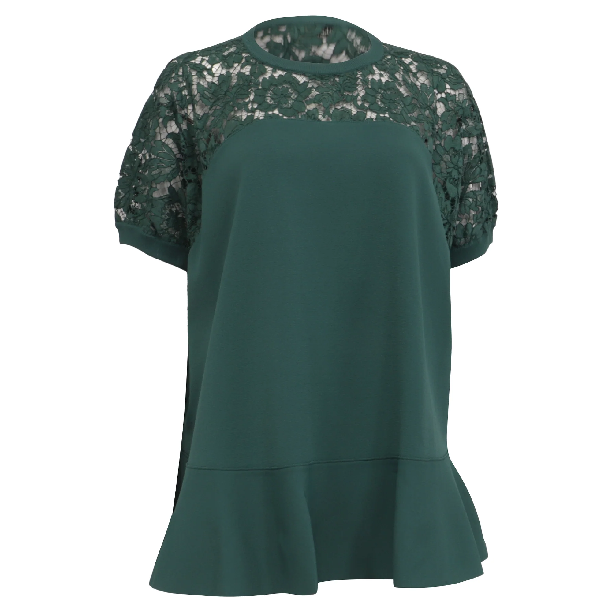 Women's Valentino Garavani Corded Lace-Paneled Peplum Top in Olive Viscose