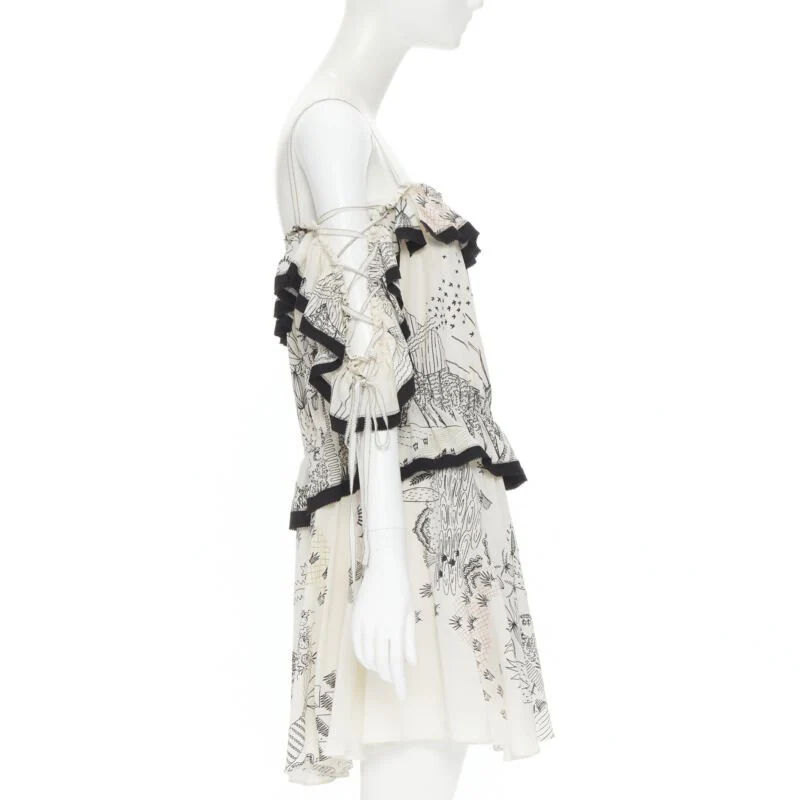 Women's Valentino Garavani Garden illustration print silk off shoulder lace up dress - Image 10