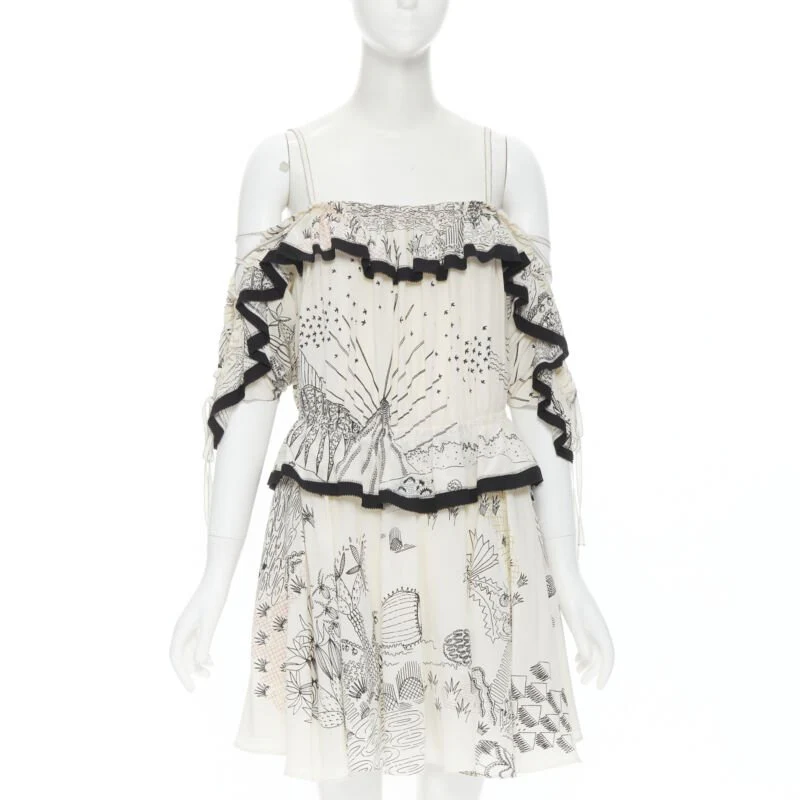 Women's Valentino Garavani Garden illustration print silk off shoulder lace up dress - Image 7