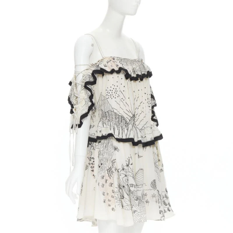 Women's Valentino Garavani Garden illustration print silk off shoulder lace up dress - Image 9