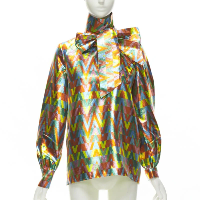 Women's Valentino Garavani metallic lurex graphic V rainbow scar tie collar blouse - Image 7