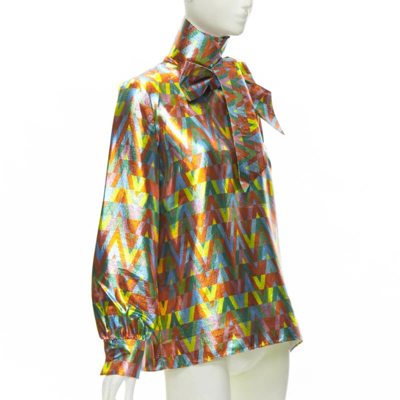 Women's Valentino Garavani metallic lurex graphic V rainbow scar tie collar blouse - Image 9