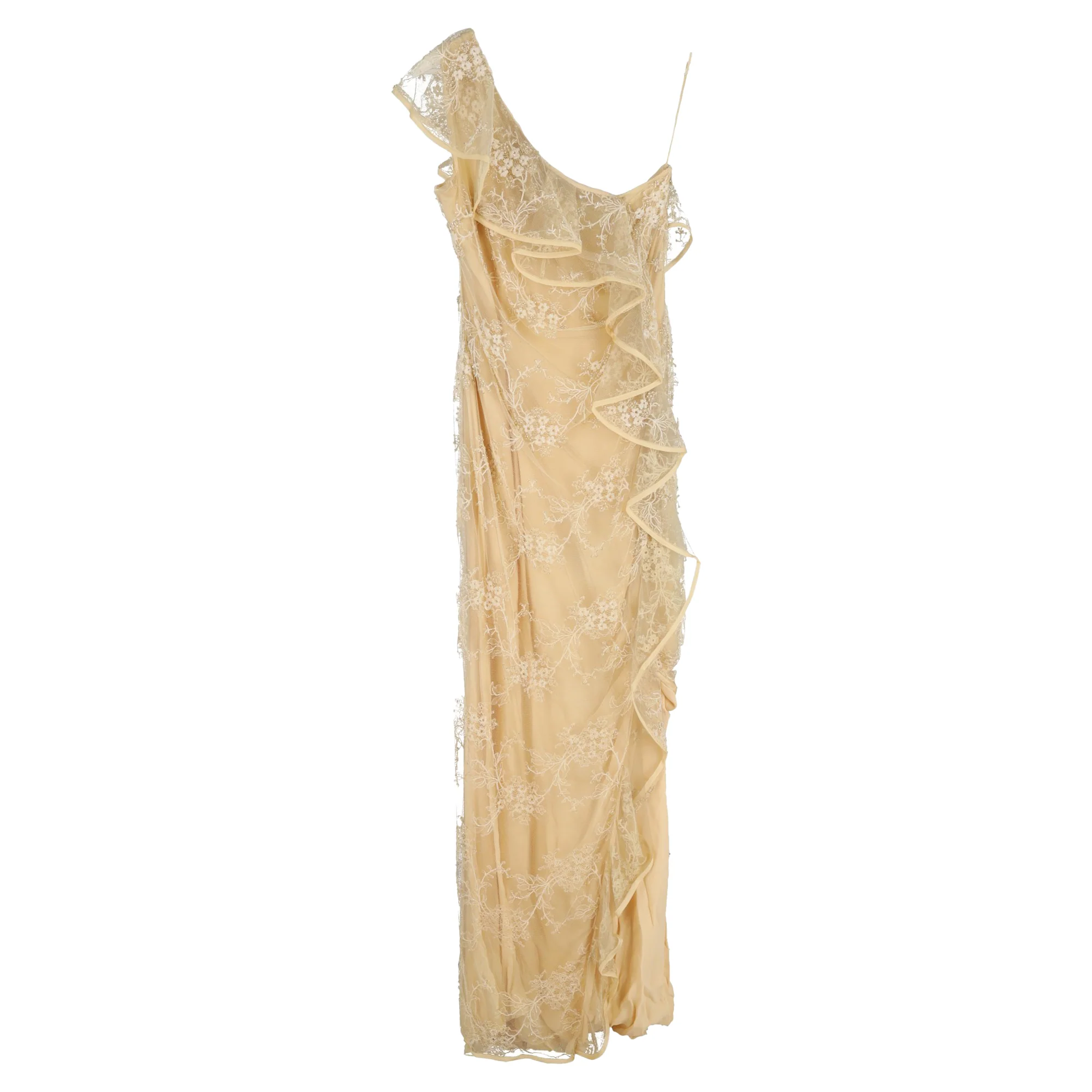 Women's Valentino Lace Ruffled Detail Maxi Gown Dress in Yellow Polyester