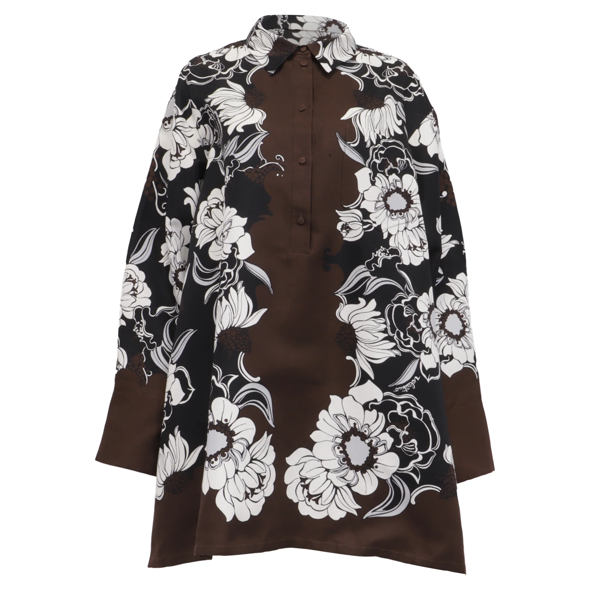 Women's Valentino Oversized Floral-Print Mini Shirt Dress in Brown Cotton And Silk