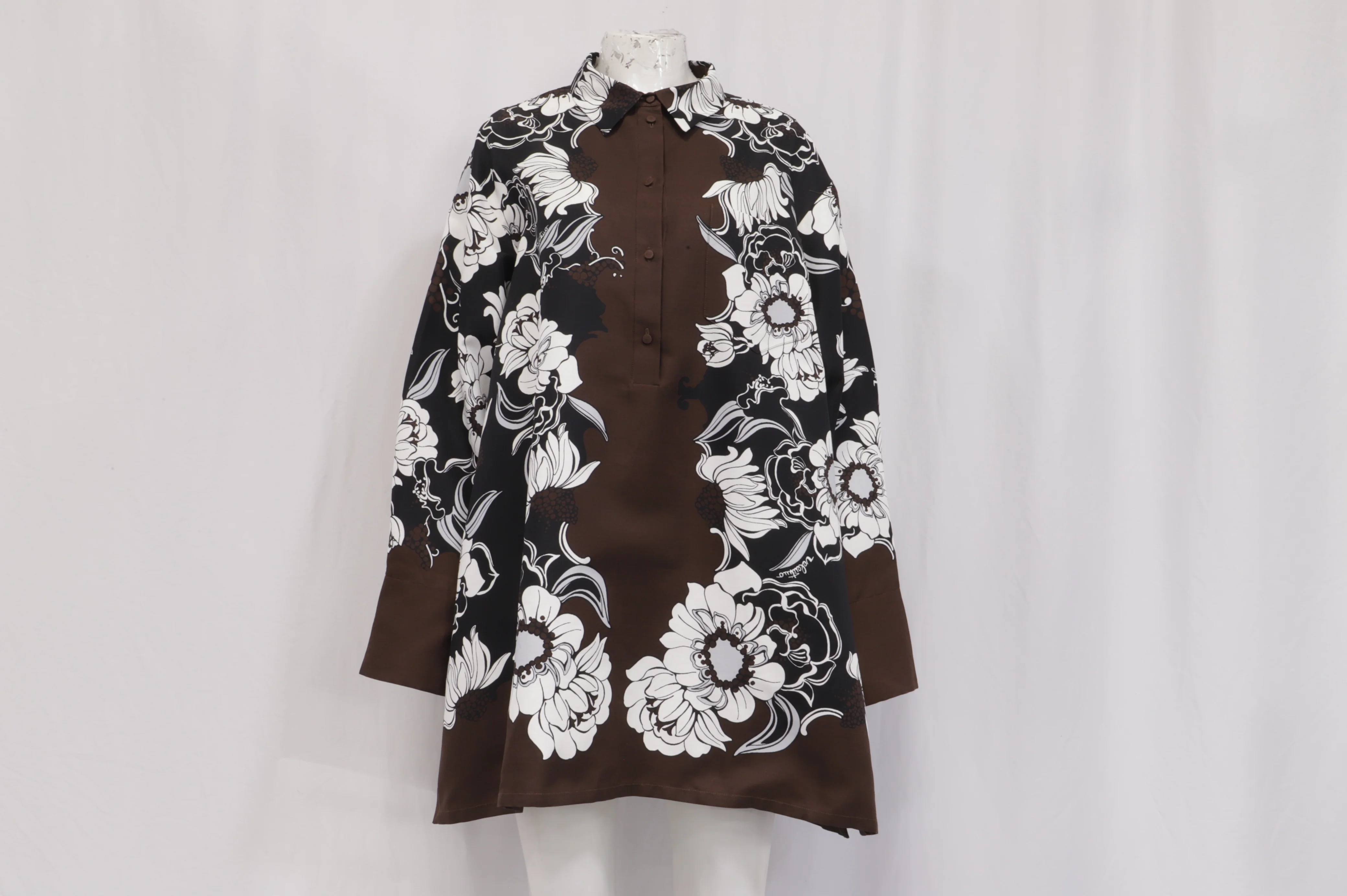 Women's Valentino Oversized Floral-Print Mini Shirt Dress in Brown Cotton And Silk - Image 7