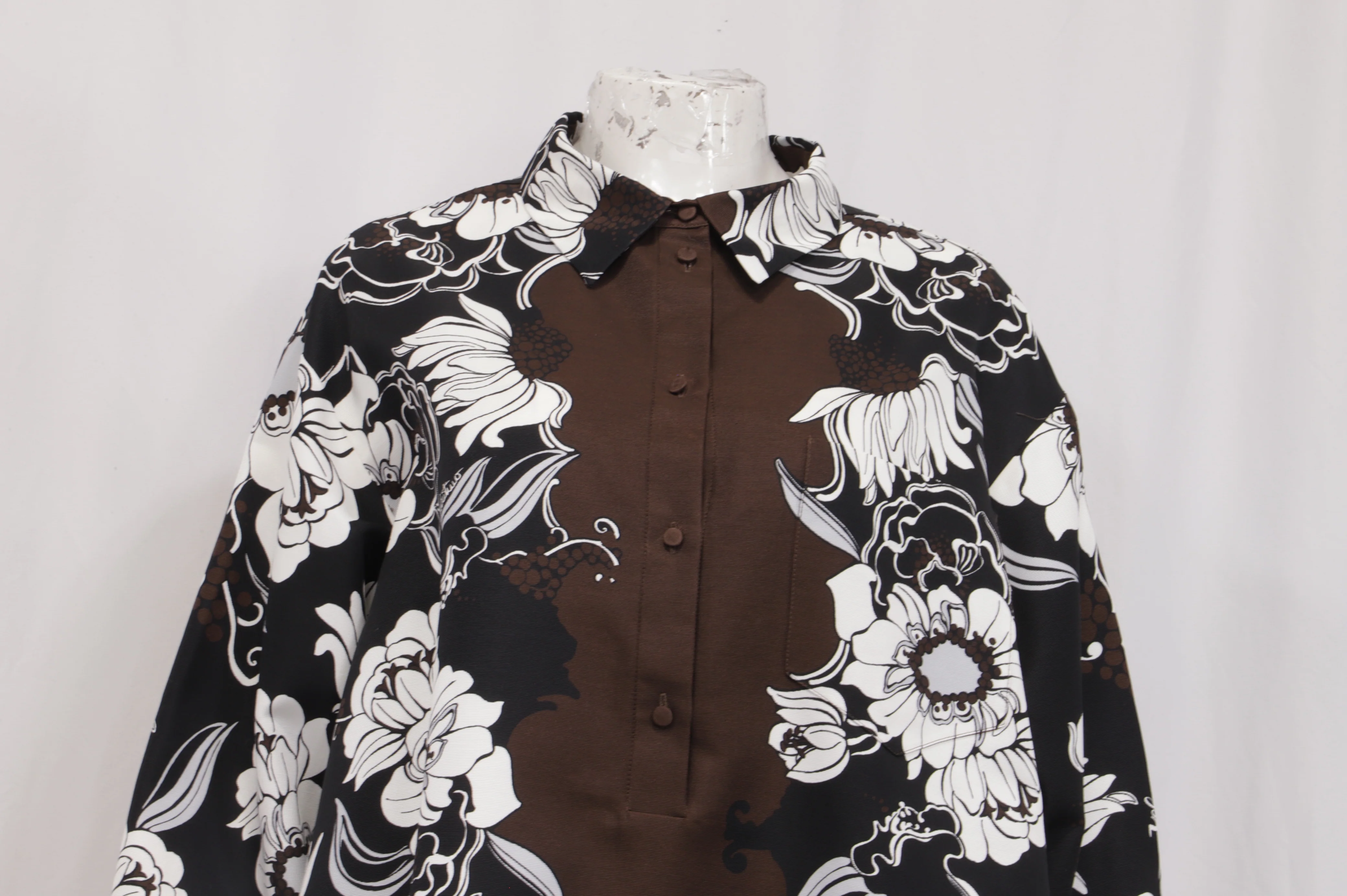 Women's Valentino Oversized Floral-Print Mini Shirt Dress in Brown Cotton And Silk - Image 8
