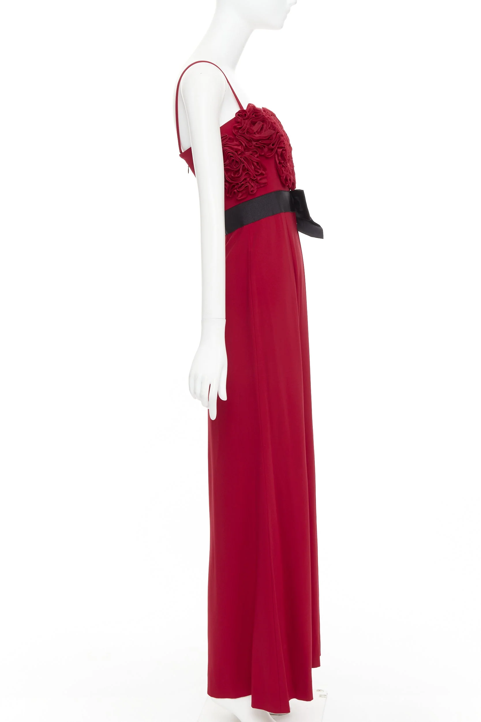 Women's VALENTINO red Rosette ruffle boned bust black bow belt midi gown IT40 S - Image 10