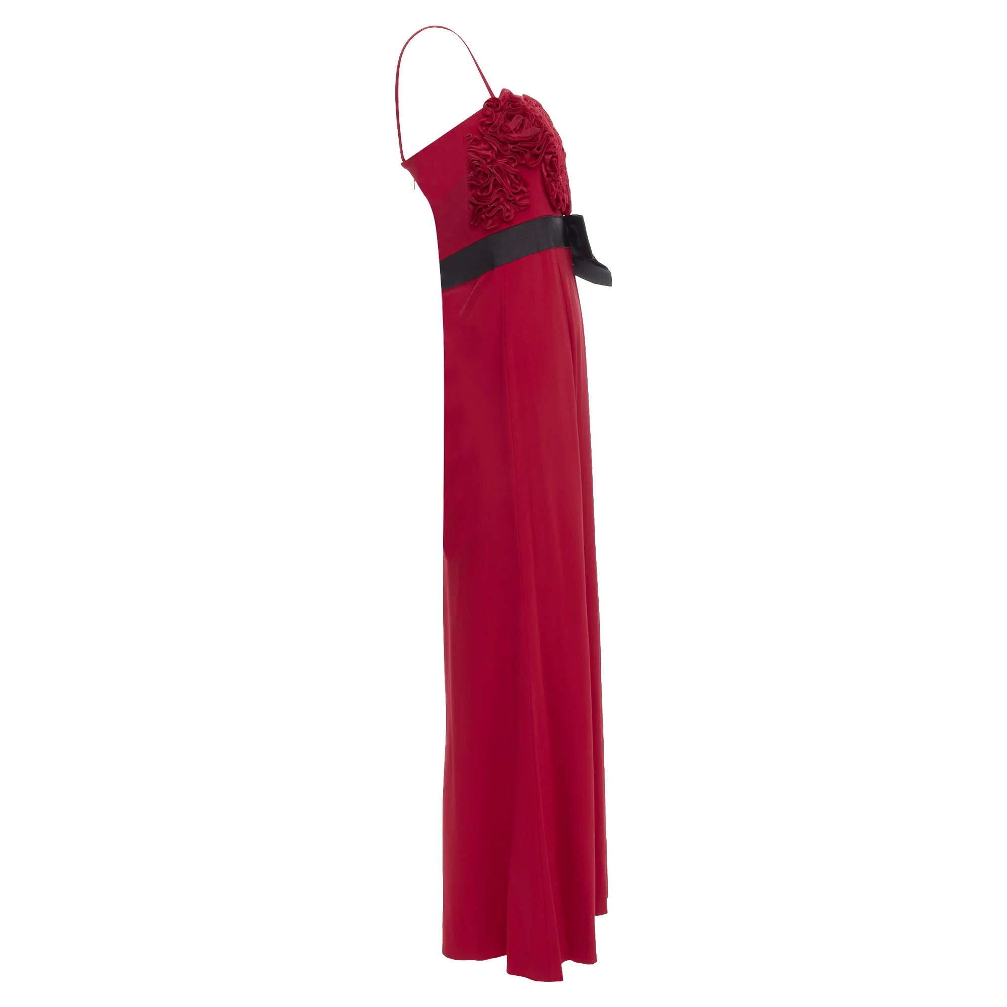 Women's VALENTINO red Rosette ruffle boned bust black bow belt midi gown IT40 S - Image 4