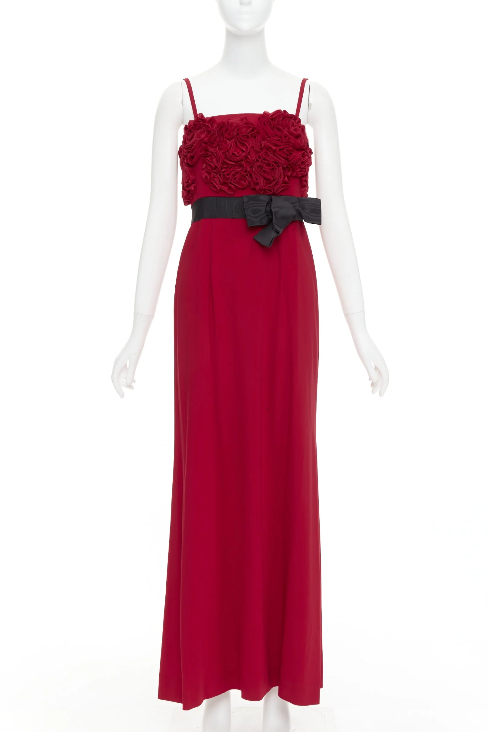 Women's VALENTINO red Rosette ruffle boned bust black bow belt midi gown IT40 S - Image 7