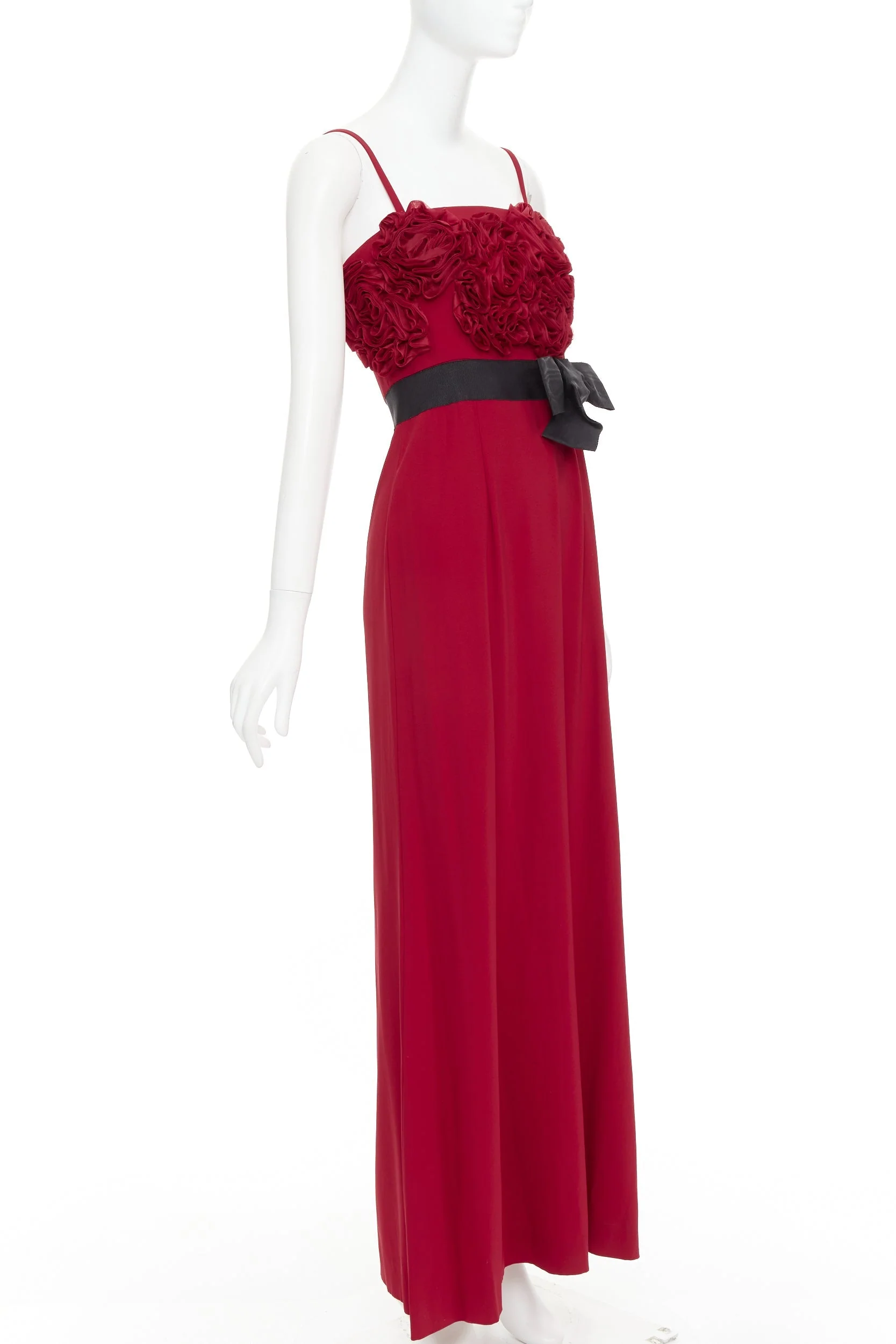 Women's VALENTINO red Rosette ruffle boned bust black bow belt midi gown IT40 S - Image 9