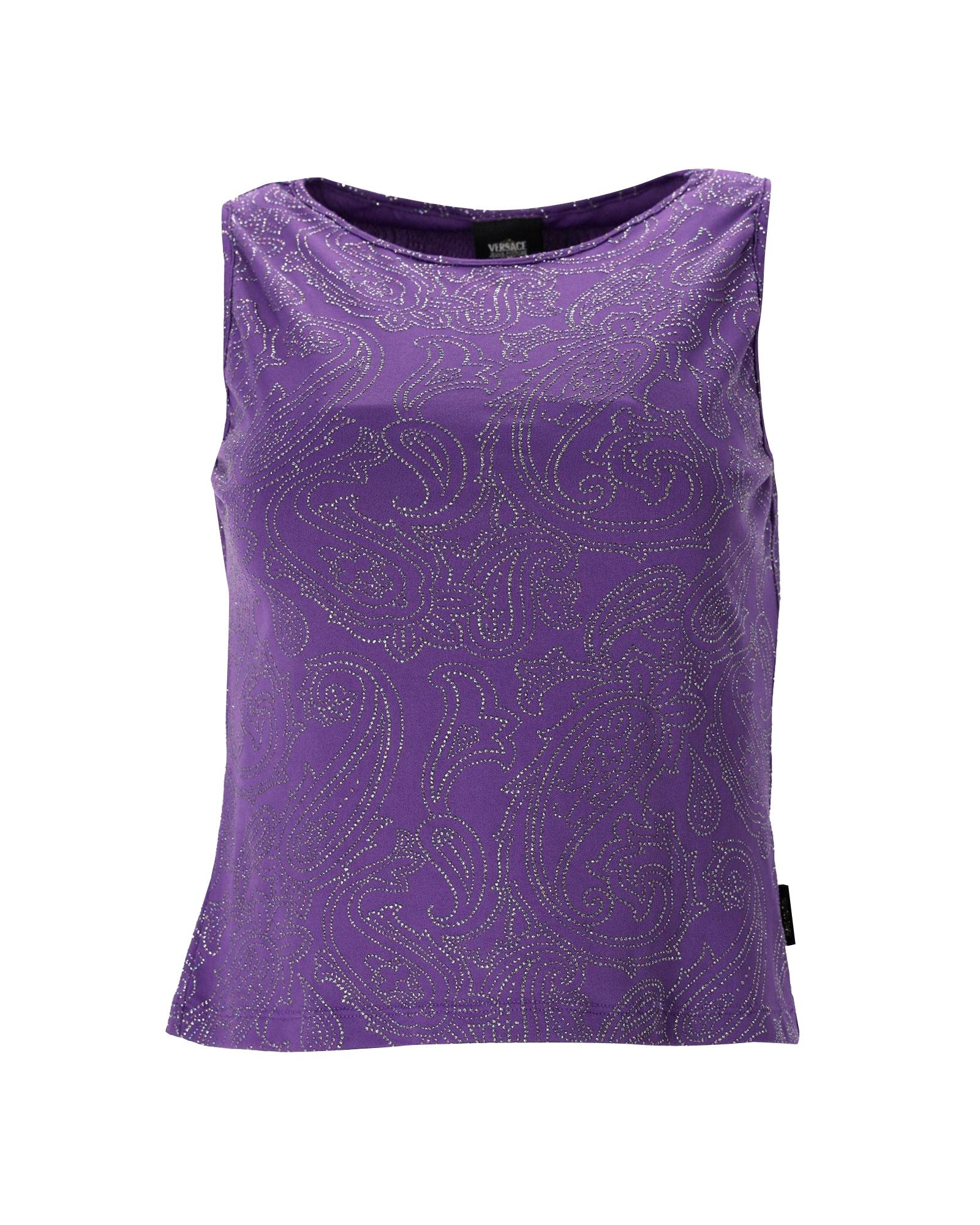 Women's Versace Jeans Couture Paisley Crystal Studded Sleeveless Top in Purple Polyester