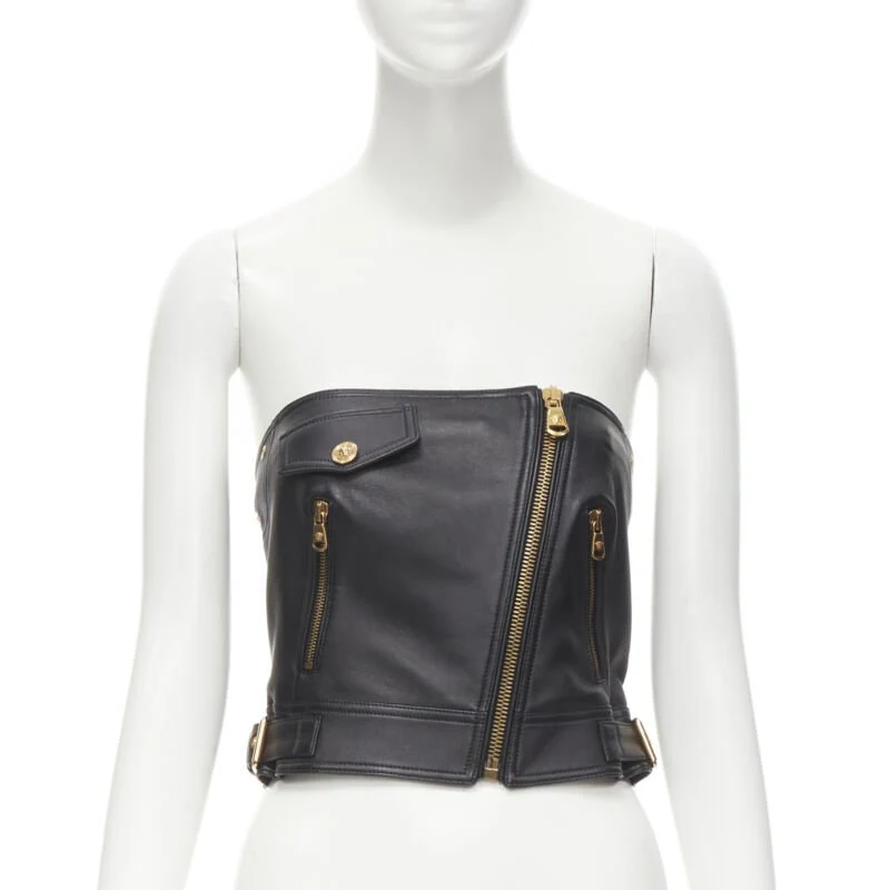 Women's Versace leather g-tone Medusa biker btier top - Image 7