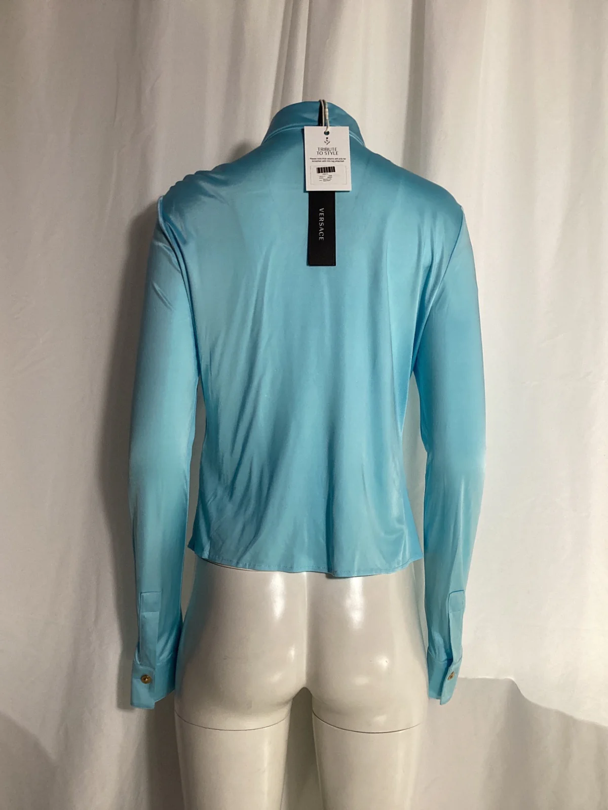 Women's Versace Ruched Buttoned Blouse in Blue Viscose - Image 9