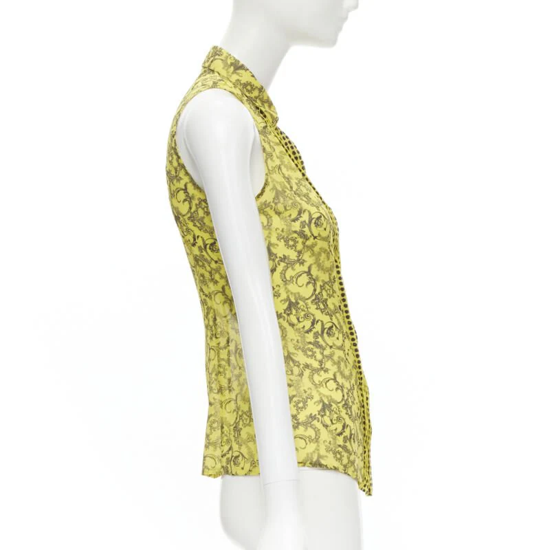 Women's Versace silk Baroque print dot pleated collar sleeveless shirt - Image 10