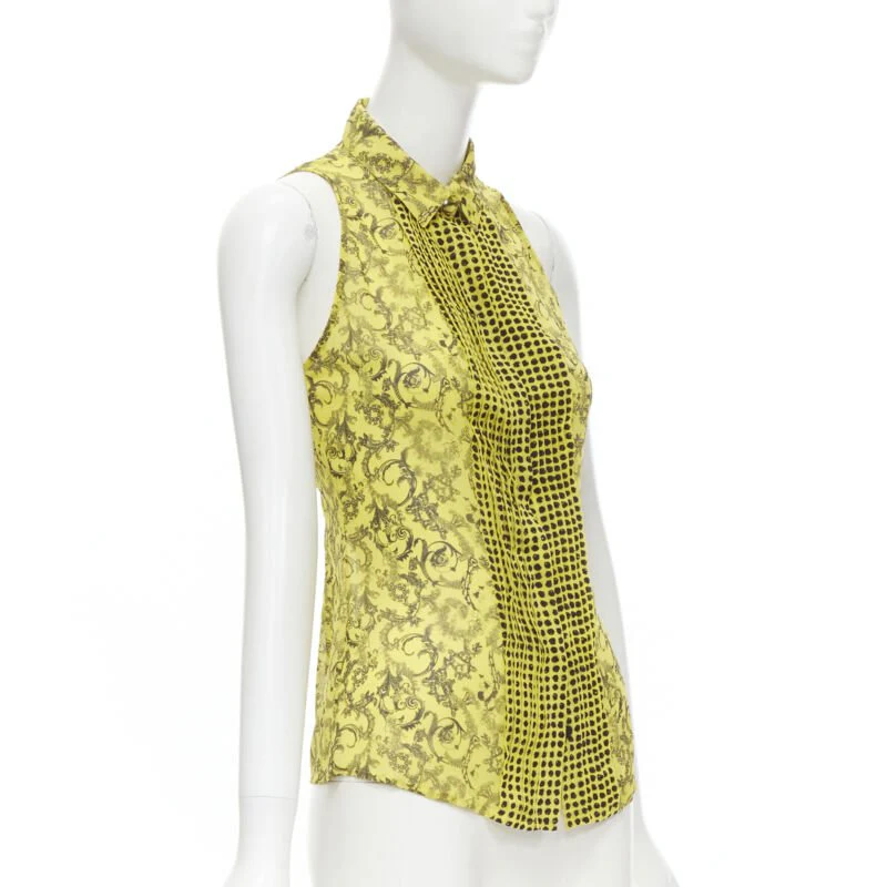 Women's Versace silk Baroque print dot pleated collar sleeveless shirt - Image 9