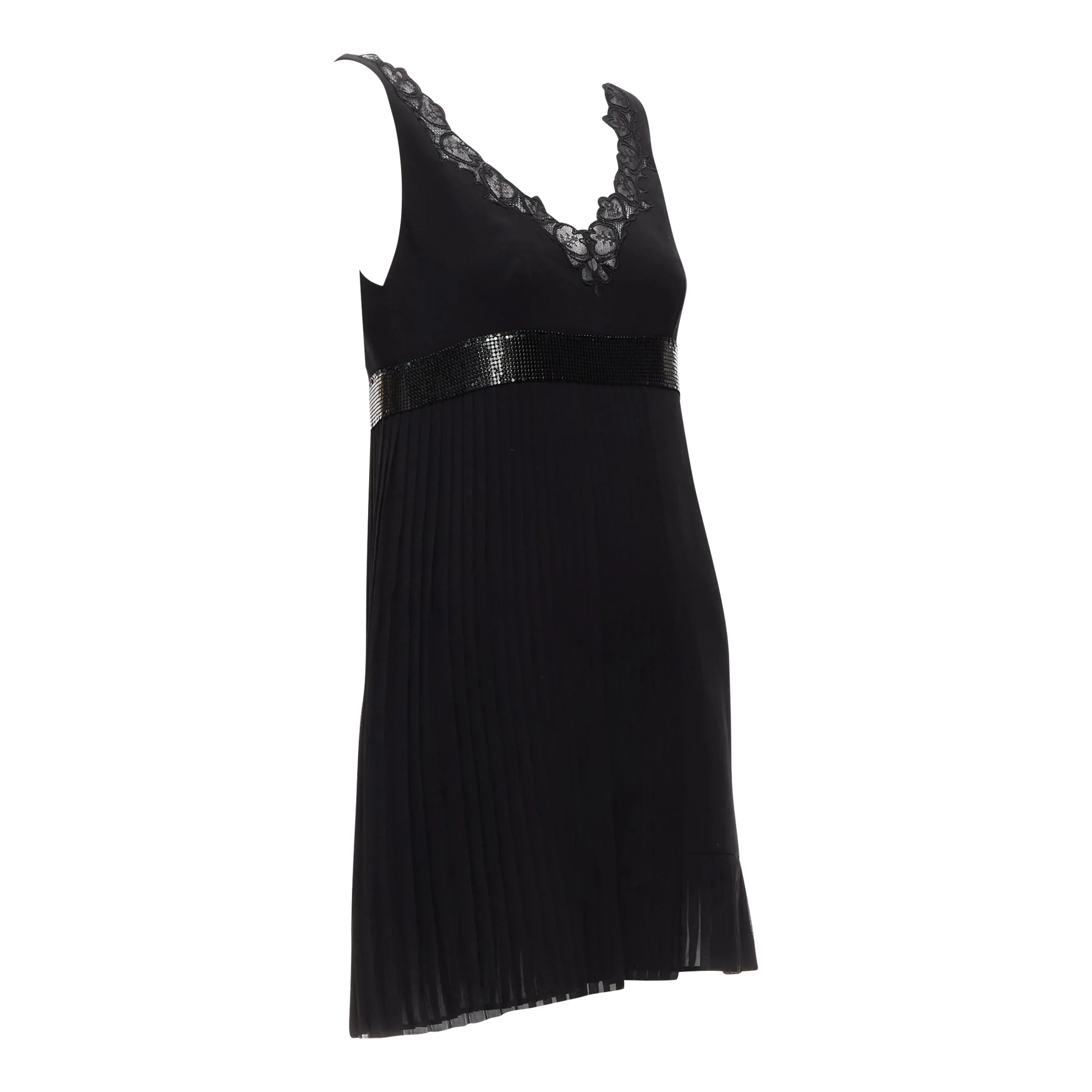 Women's Versace silk lace V-neck chainmail trim pleated mini dress - Image 3