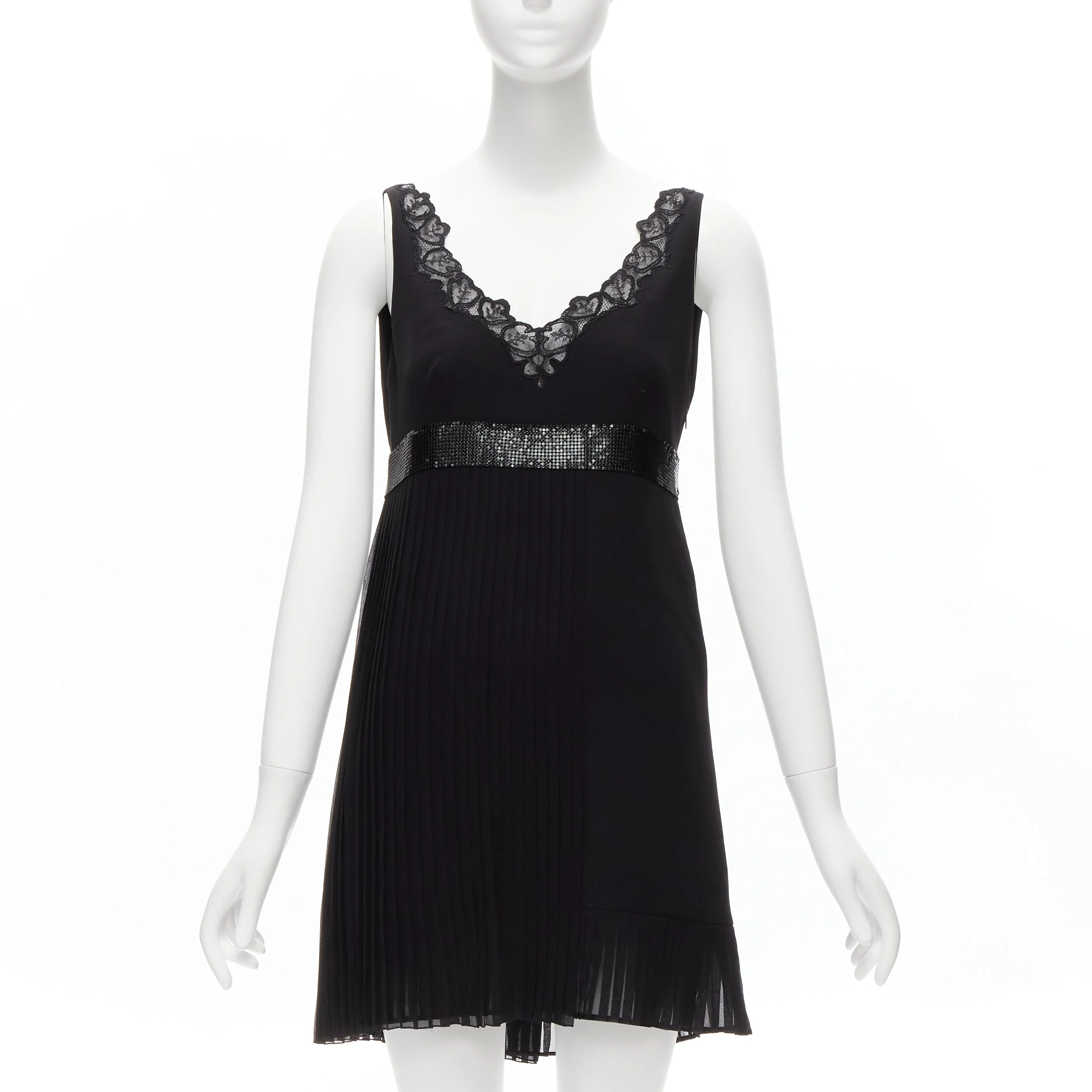 Women's Versace silk lace V-neck chainmail trim pleated mini dress - Image 7