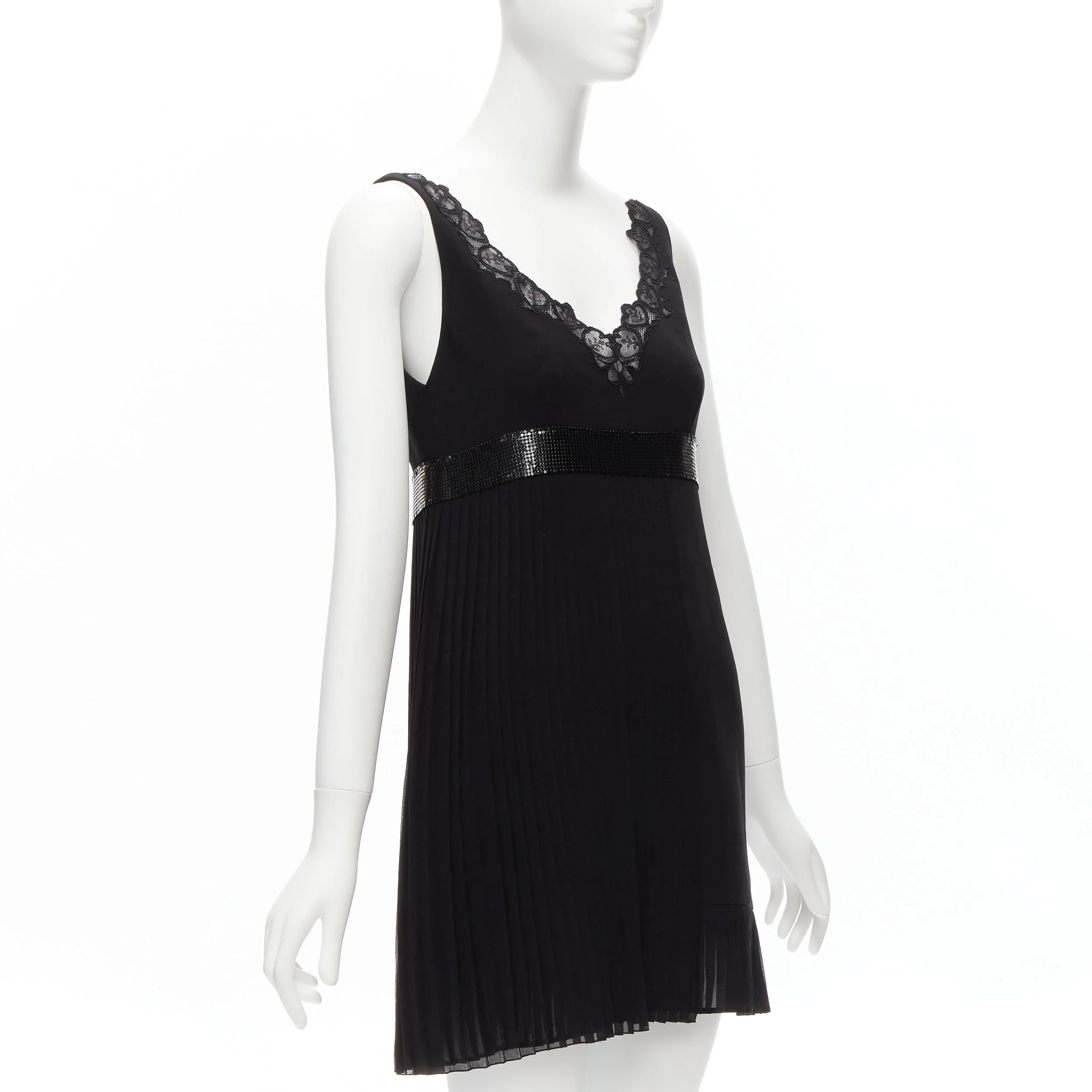 Women's Versace silk lace V-neck chainmail trim pleated mini dress - Image 9