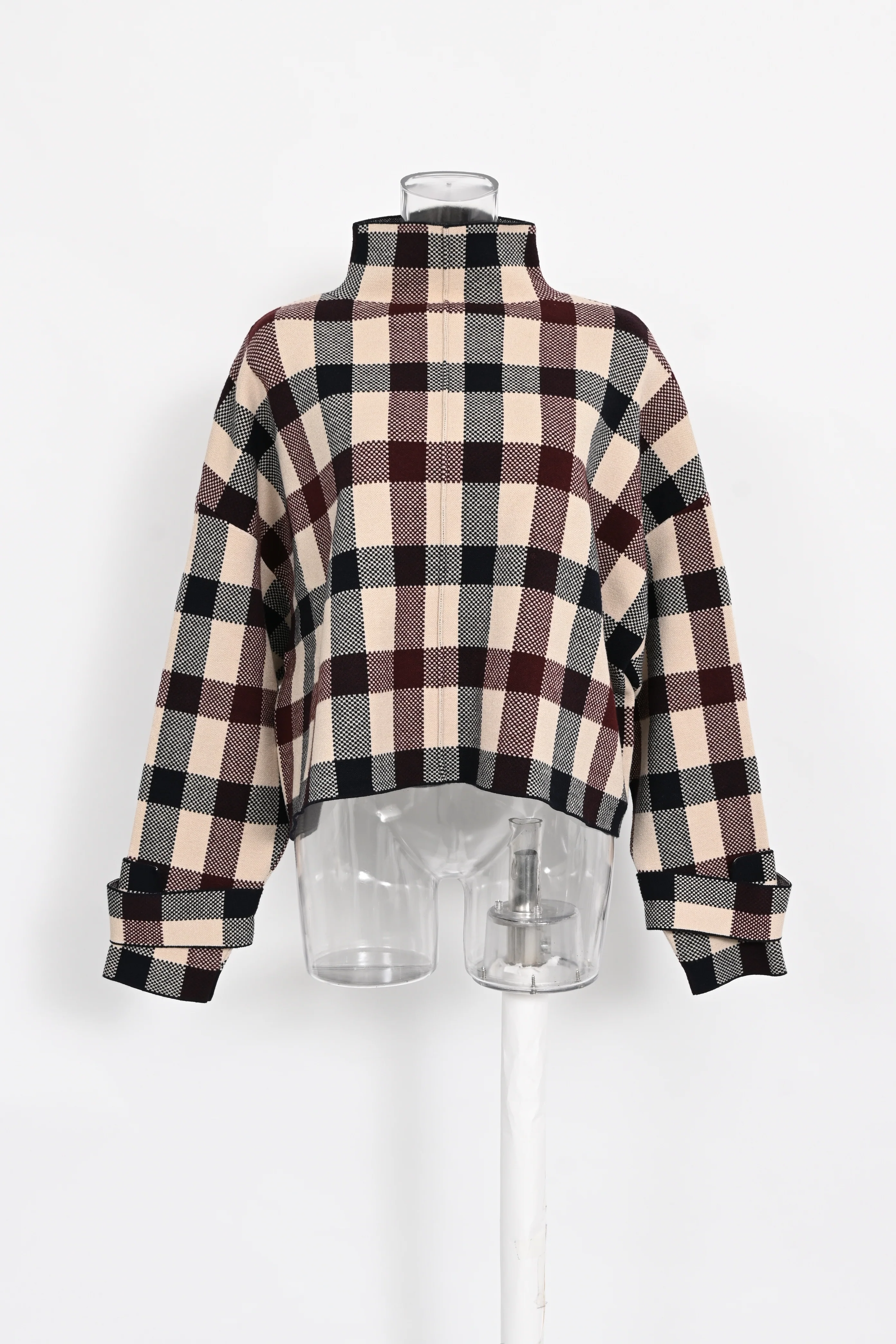 Women's Victoria Victoria Beckham Cropped Plaid Funnel-Neck Jacquard Sweater in Multicolor Viscose - Image 2