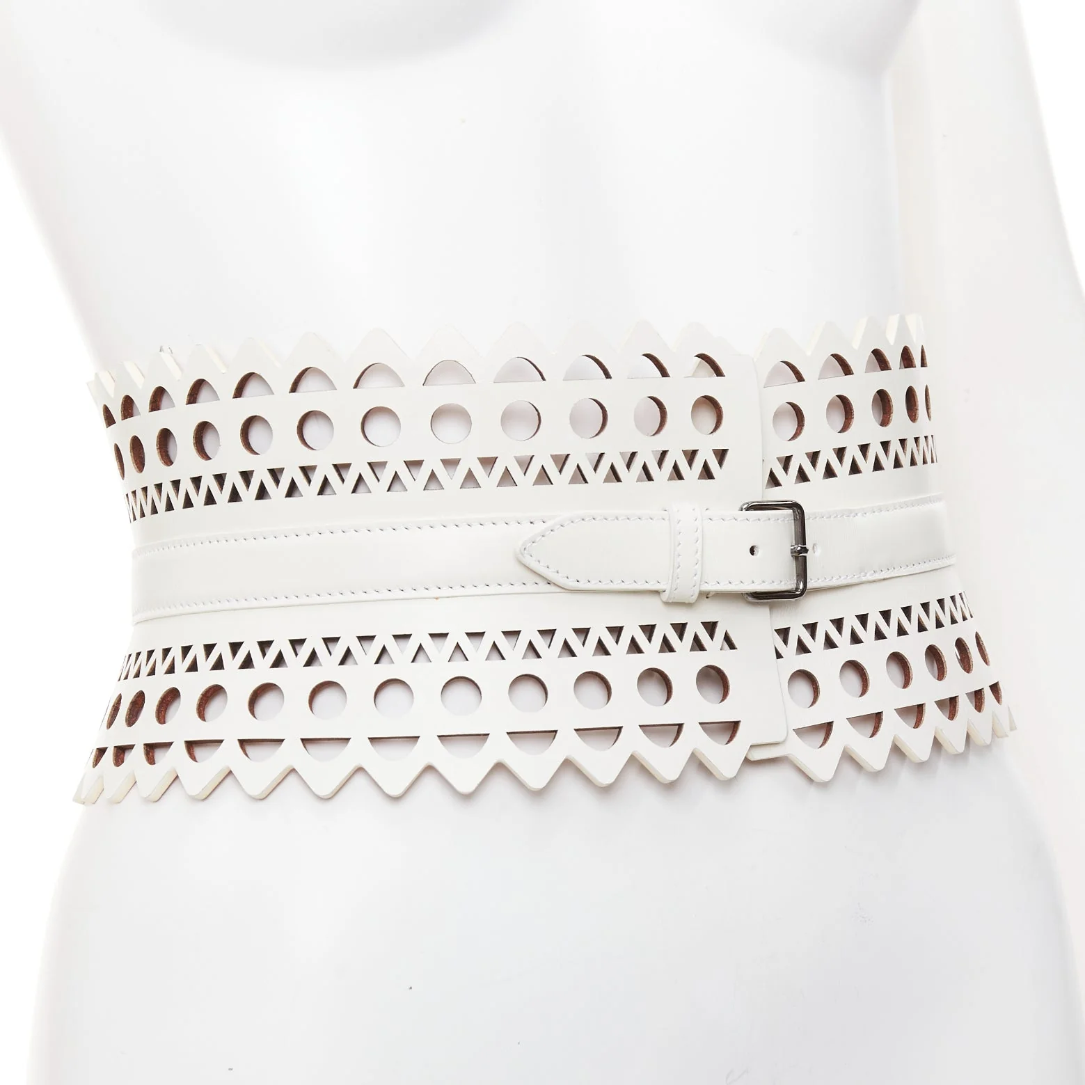ALAIA white leather geometric cut out scallop edge wide corset belt 65cm - Image 10
