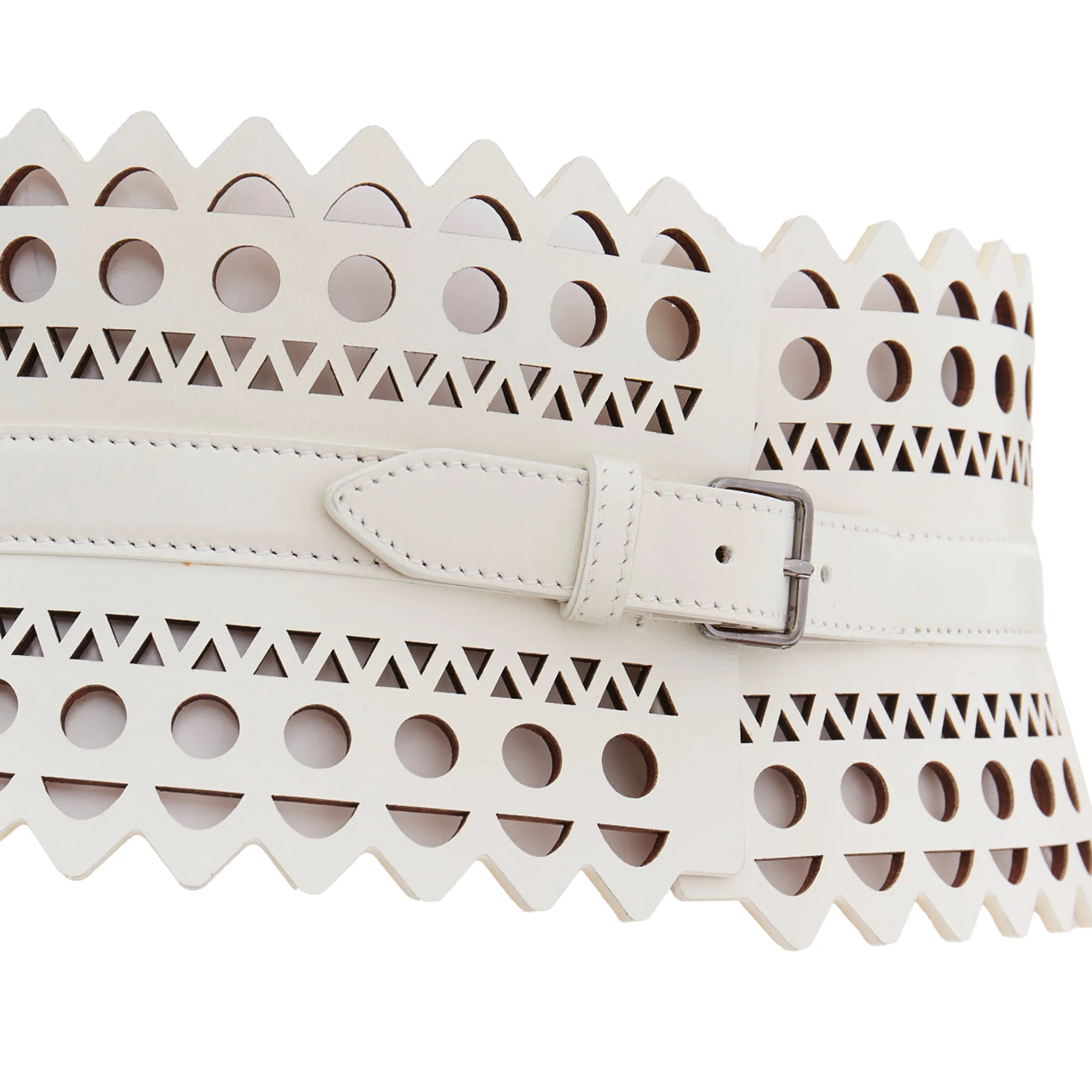 ALAIA white leather geometric cut out scallop edge wide corset belt 65cm - Image 7