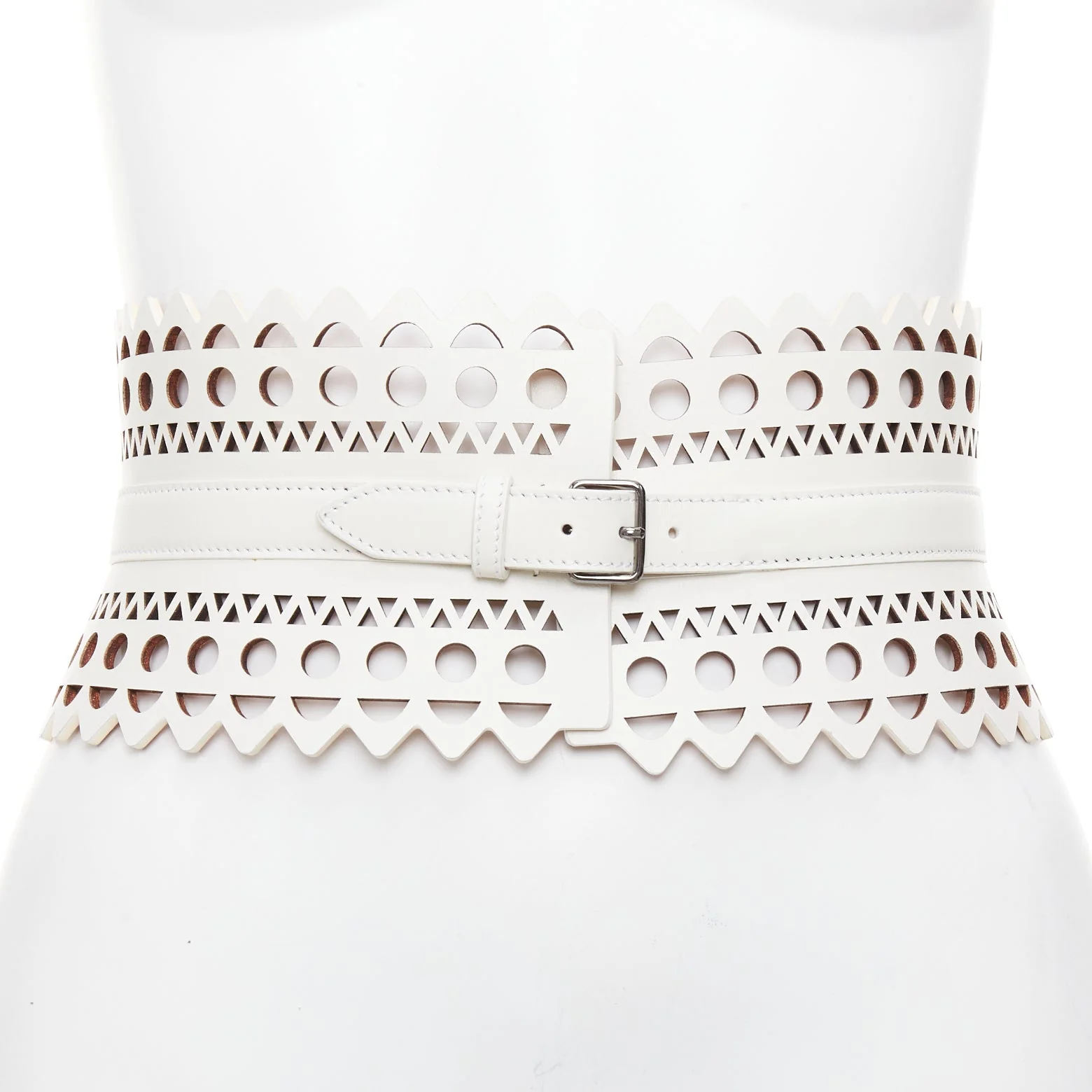 ALAIA white leather geometric cut out scallop edge wide corset belt 65cm - Image 9