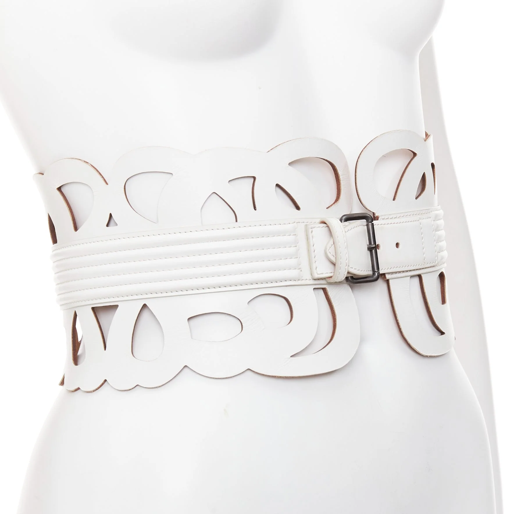 ALAIA white leather romantic swirl laser cut out corset wide belt 65cm - Image 10