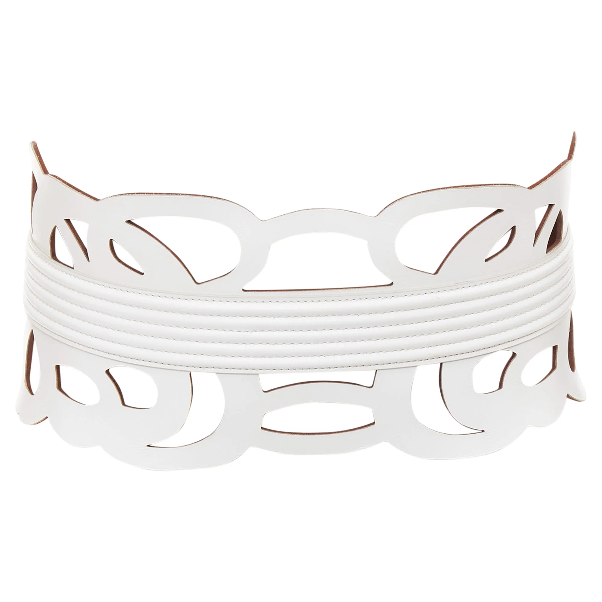 ALAIA white leather romantic swirl laser cut out corset wide belt 65cm - Image 4