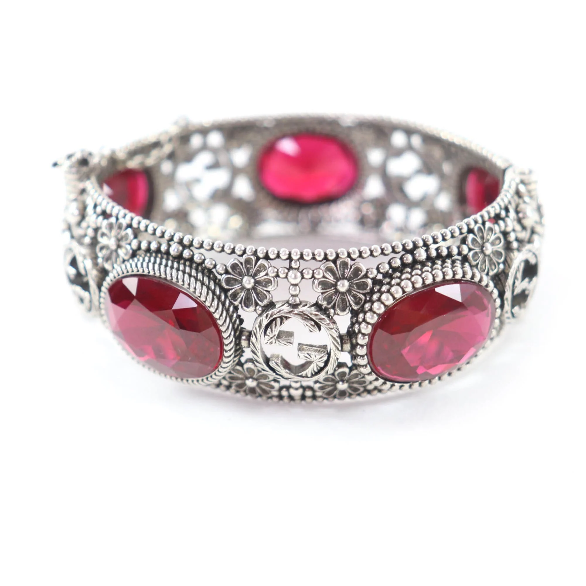 Interlocking G Flower Bracelet Sterling Silver with Colored Stone
