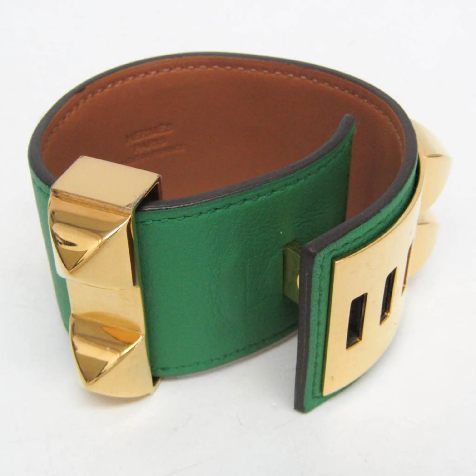 Bangle Box Calf Leather and Metal Gold and Green Bracelet - Image 3