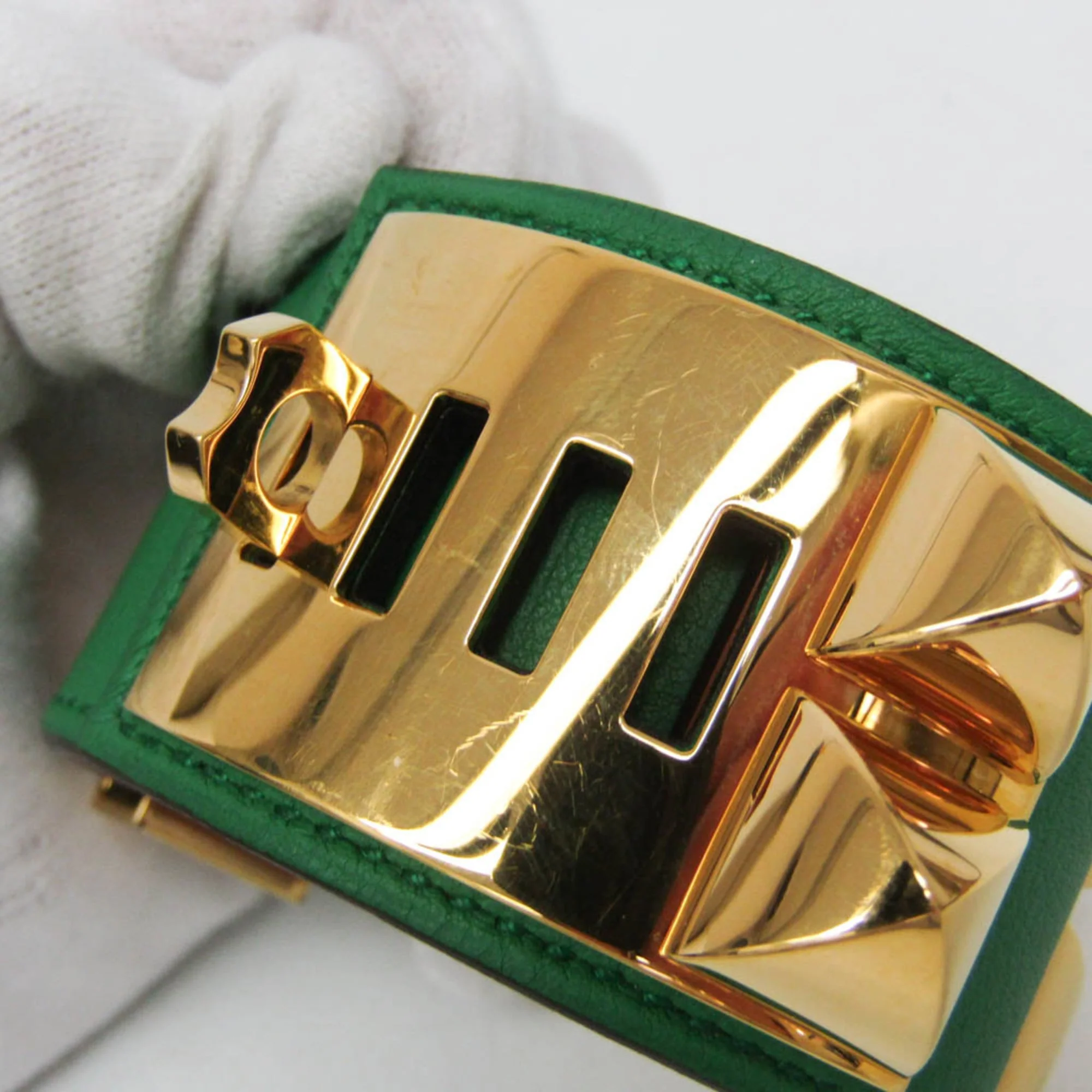 Bangle Box Calf Leather and Metal Gold and Green Bracelet - Image 4