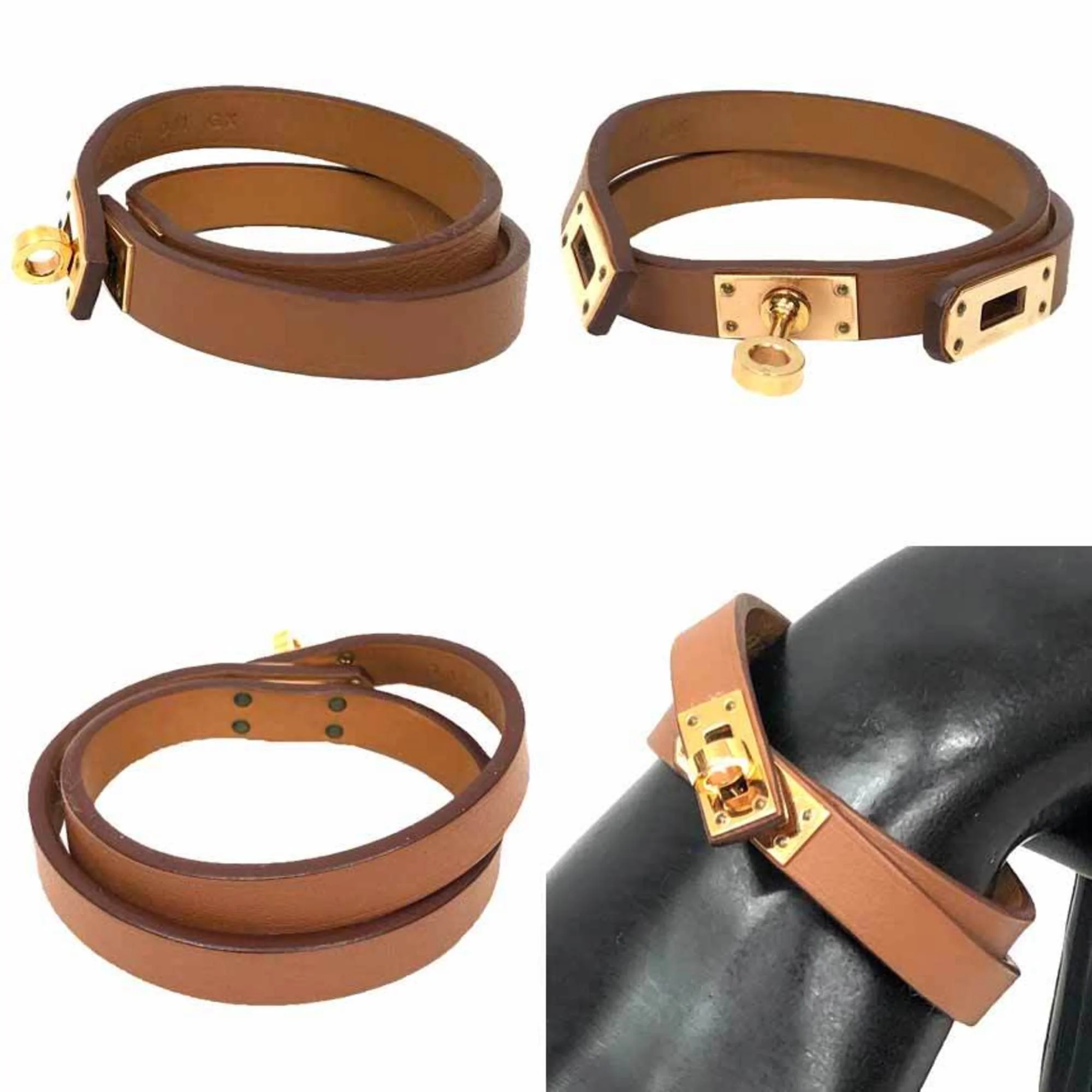 Kelly Double Tour Bracelet Swift Leather Camel and Pink Mini - Image 2