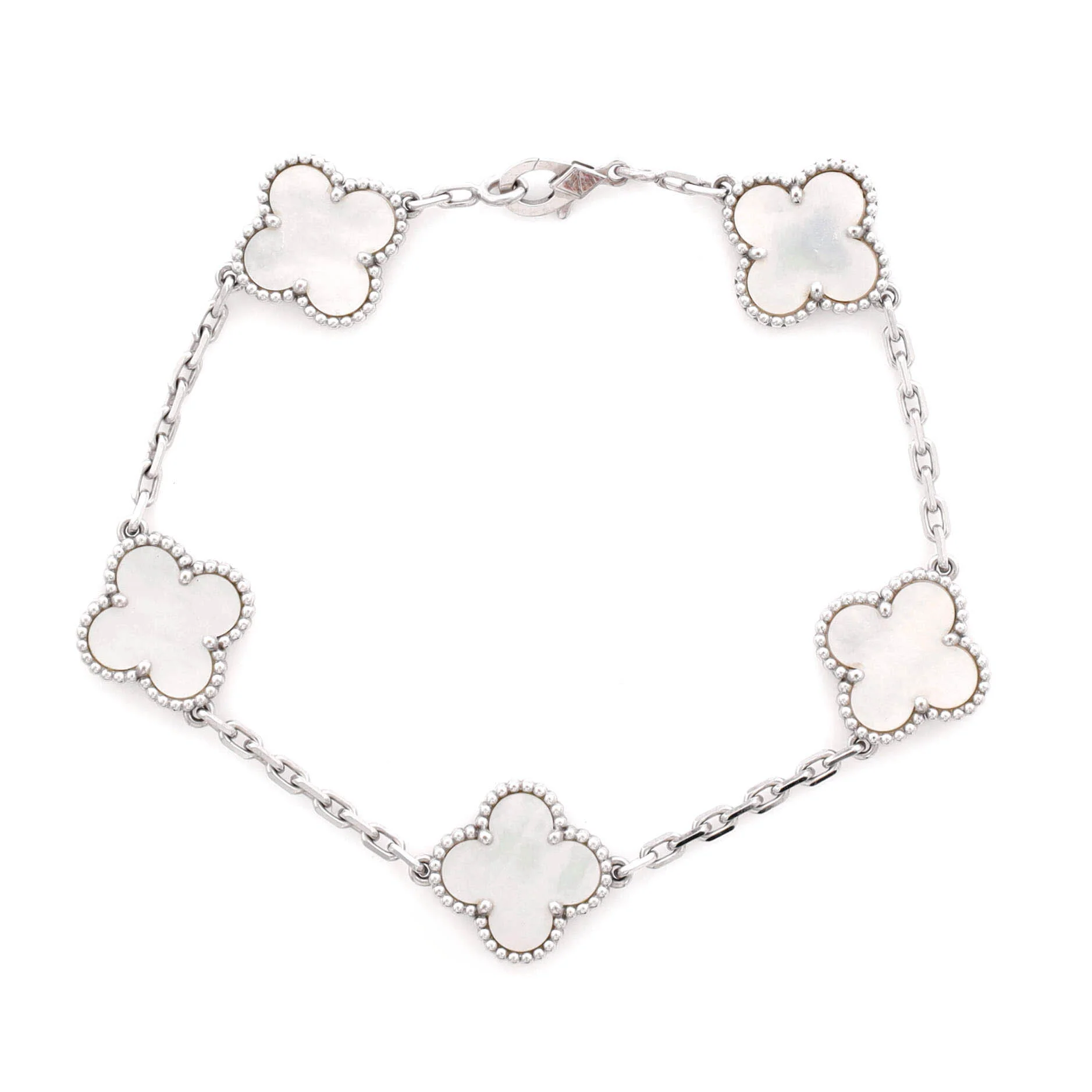 Vintage Alhambra 5 Motifs Bracelet 18K White Gold and Mother of Pearl