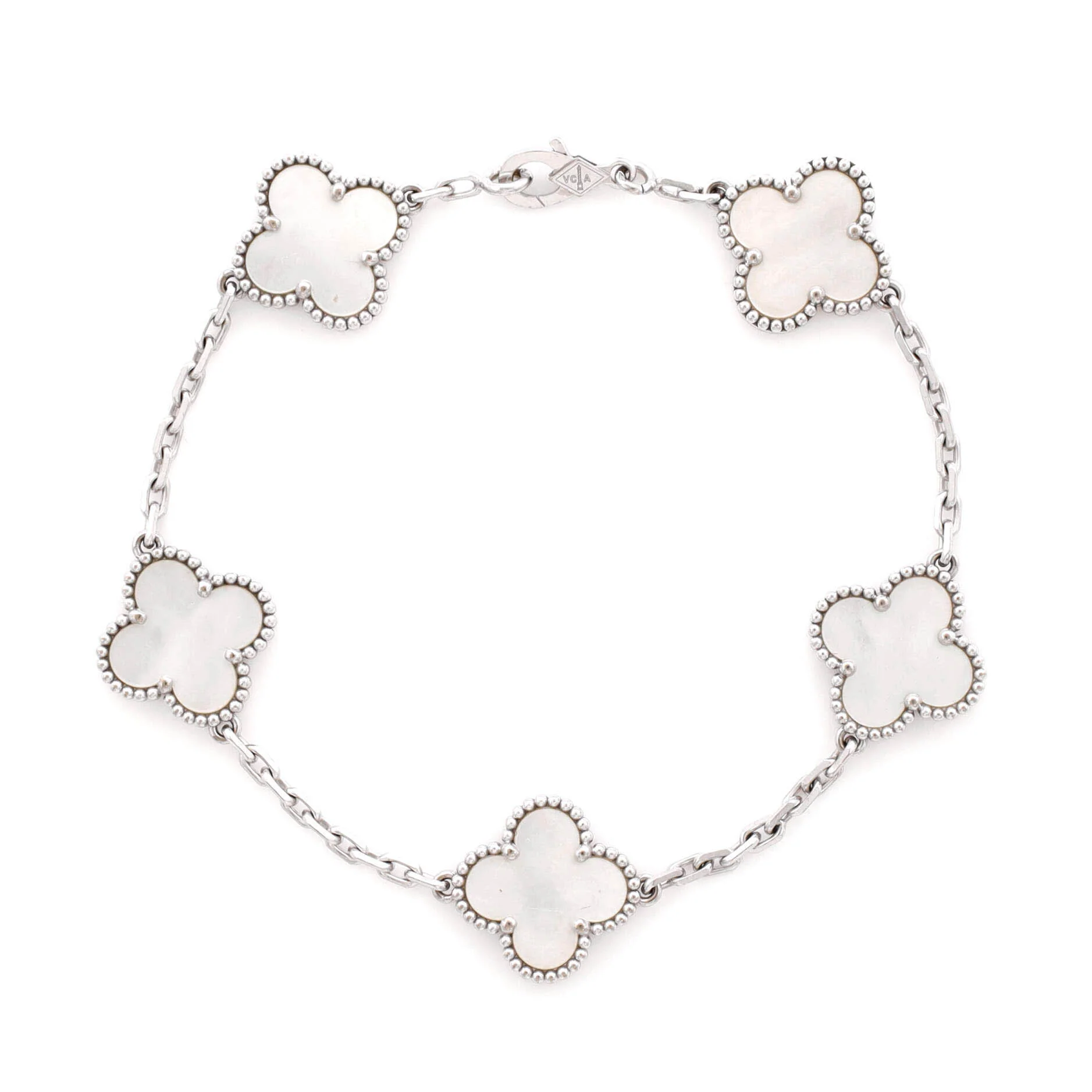 Vintage Alhambra 5 Motifs Bracelet 18K White Gold and Mother of Pearl