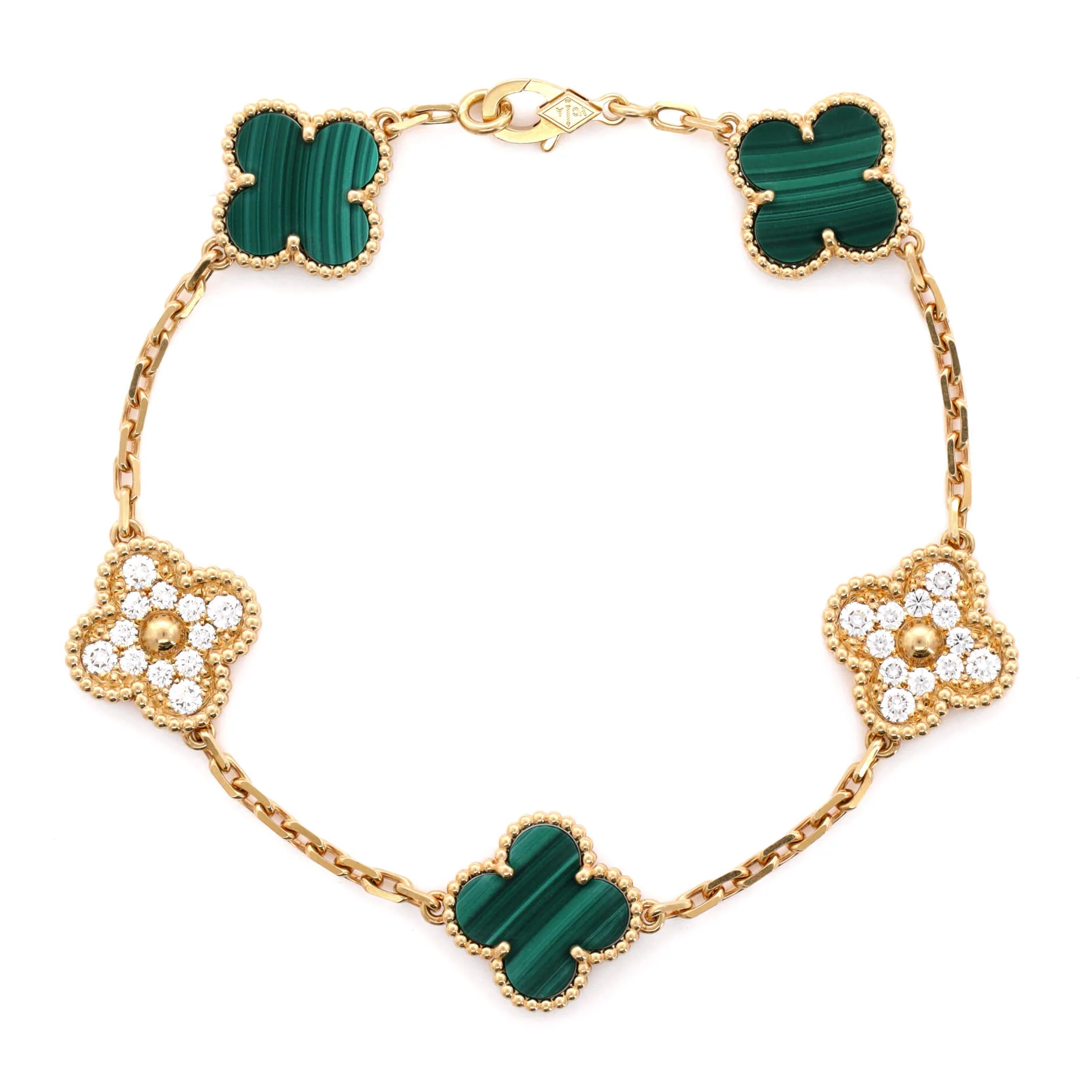 Vintage Alhambra 5 Motifs Bracelet 18K Yellow Gold and Malachite with Diamonds