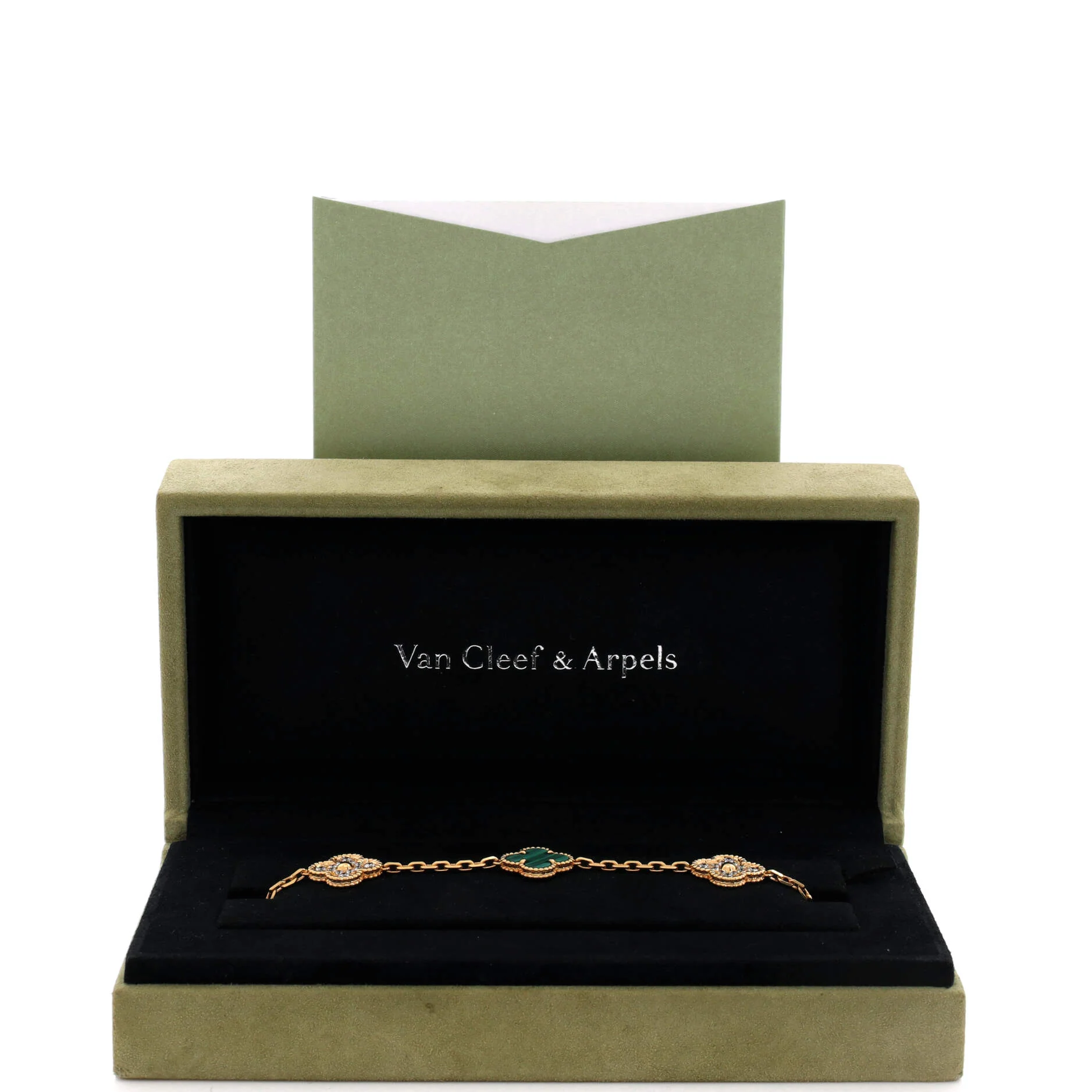 Vintage Alhambra 5 Motifs Bracelet 18K Yellow Gold and Malachite with Diamonds - Image 2