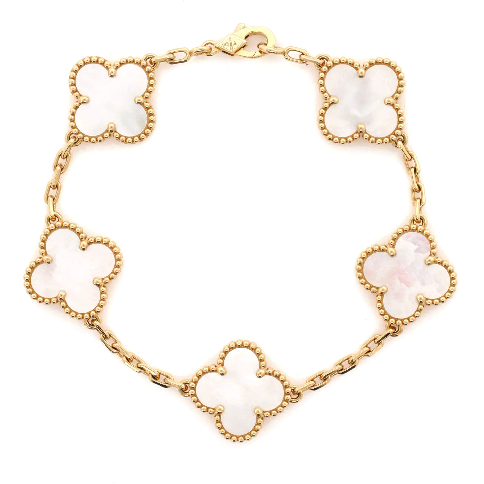 Vintage Alhambra 5 Motifs Bracelet 18K Yellow Gold and Mother of Pearl