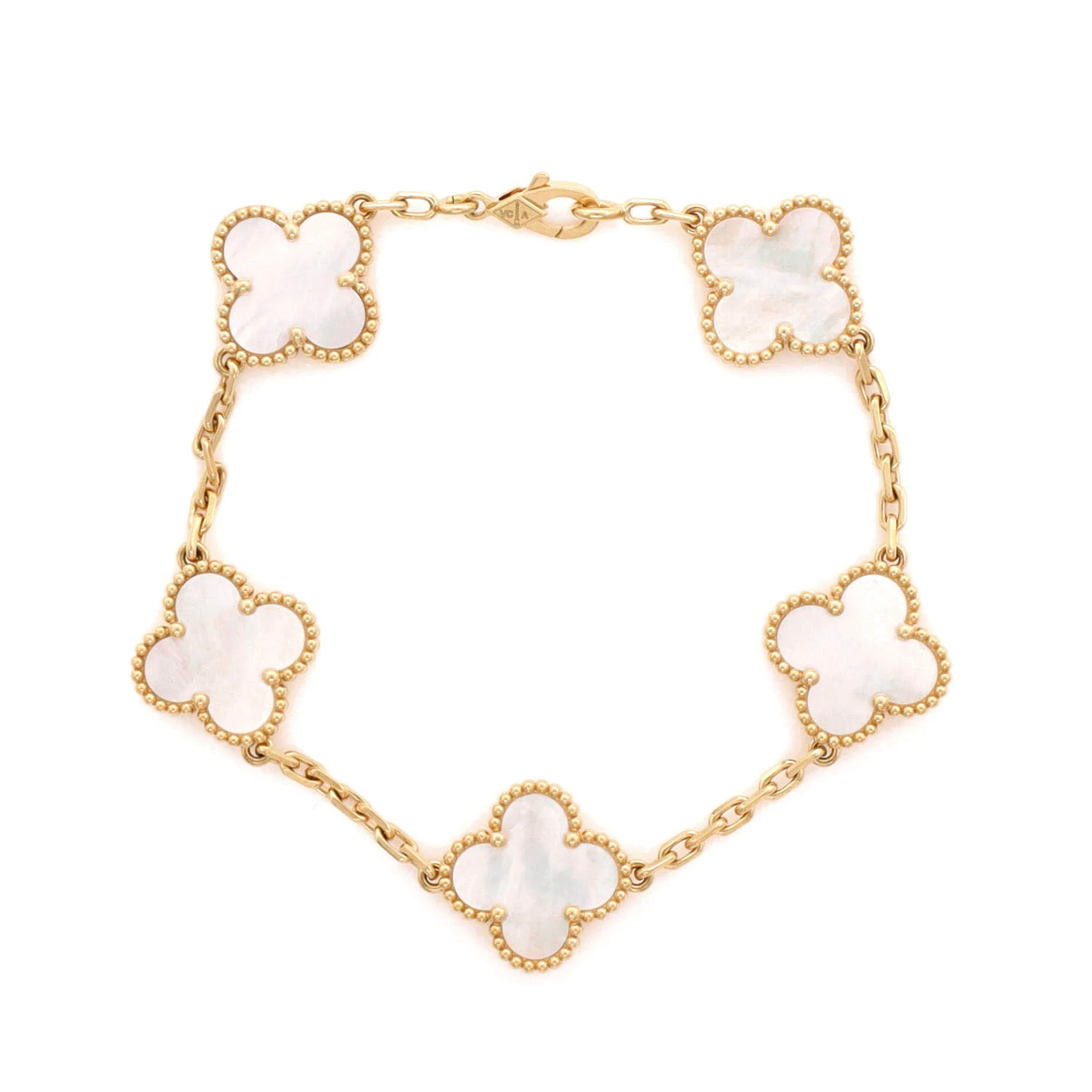 Vintage Alhambra 5 Motifs Bracelet 18K Yellow Gold and Mother of Pearl