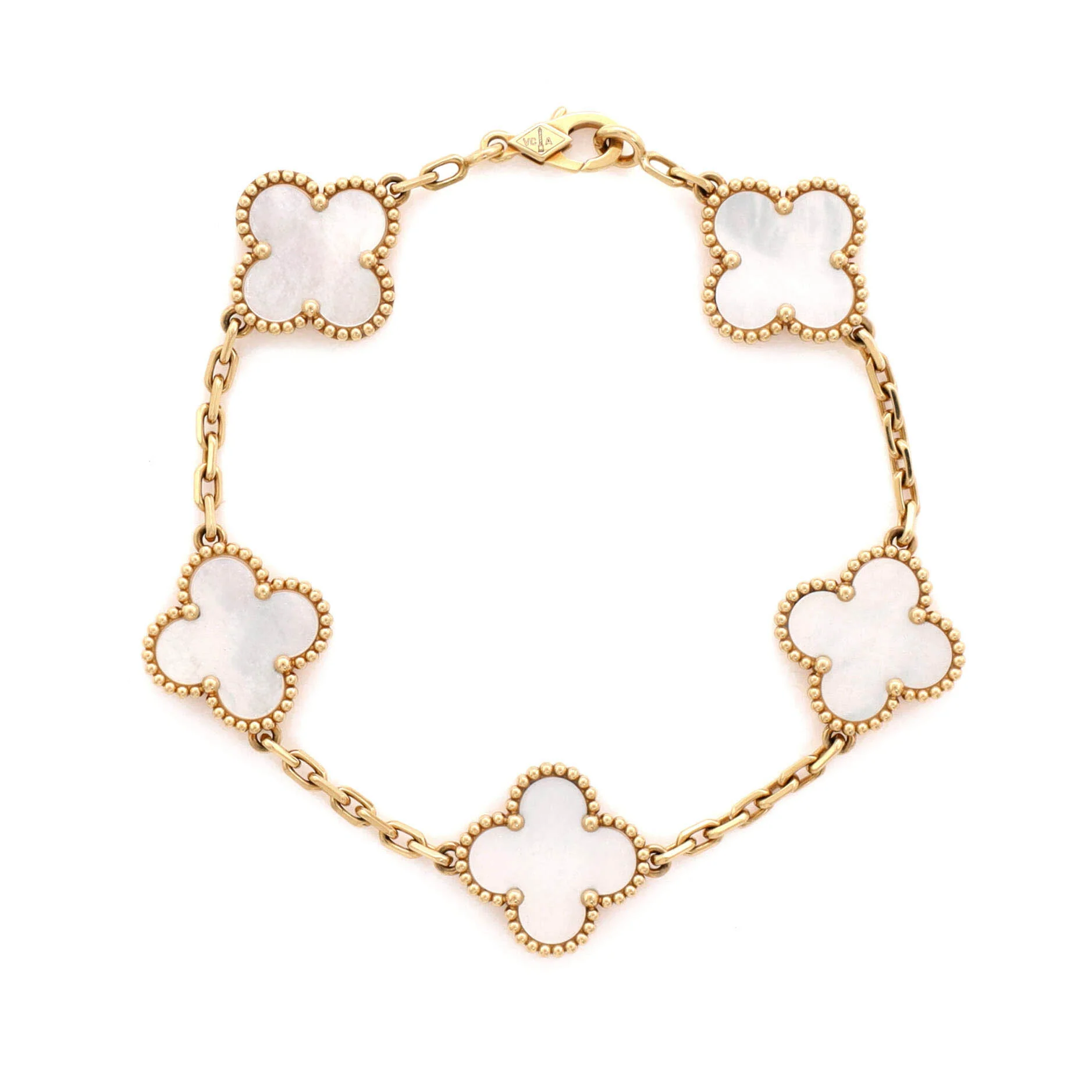 Vintage Alhambra 5 Motifs Bracelet 18K Yellow Gold and Mother of Pearl