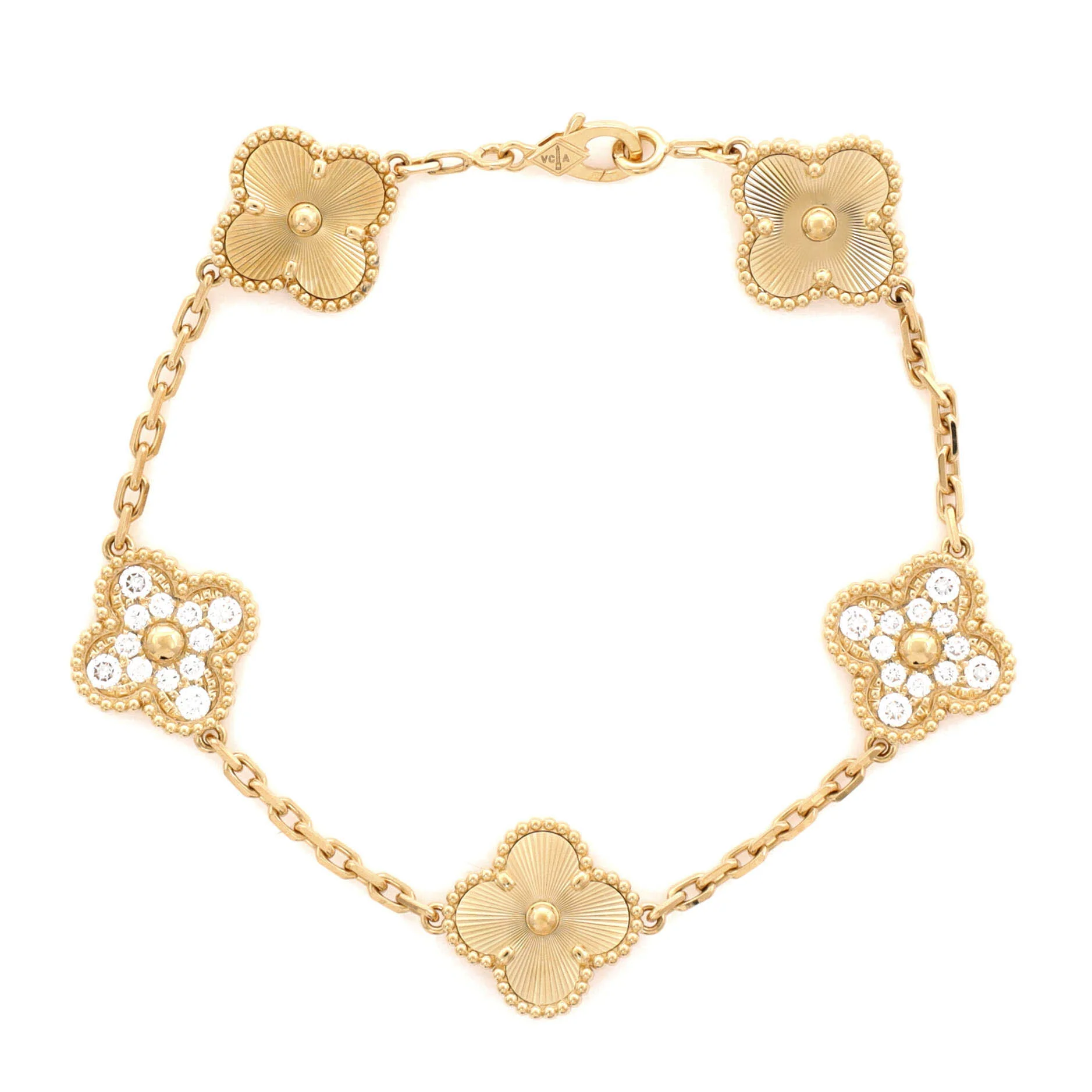 Vintage Alhambra 5 Motifs Bracelet Guilloche 18K Yellow Gold and Diamonds