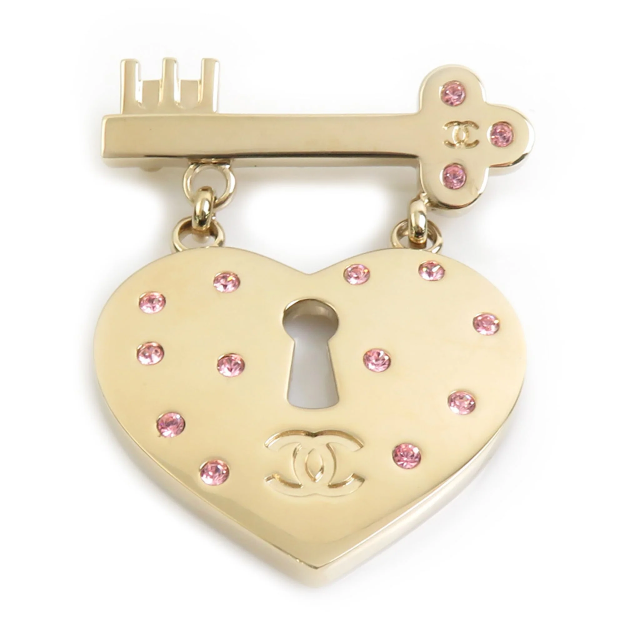 Heart Lock And Key Brooch Metal and Rhinestone Gold Pink