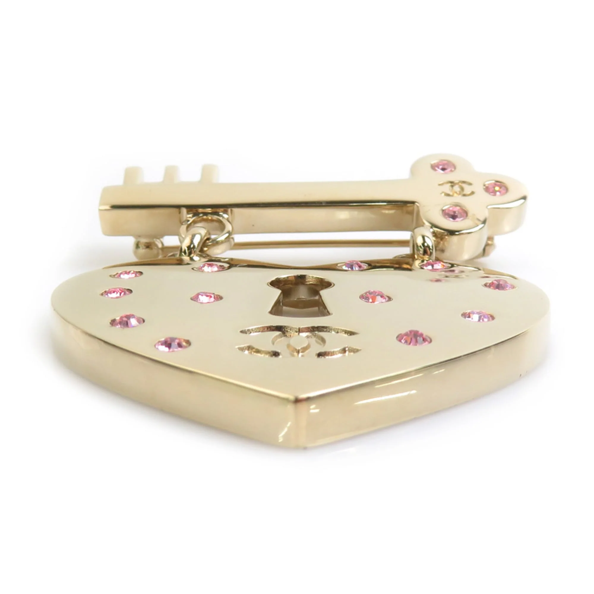 Heart Lock And Key Brooch Metal and Rhinestone Gold Pink - Image 3