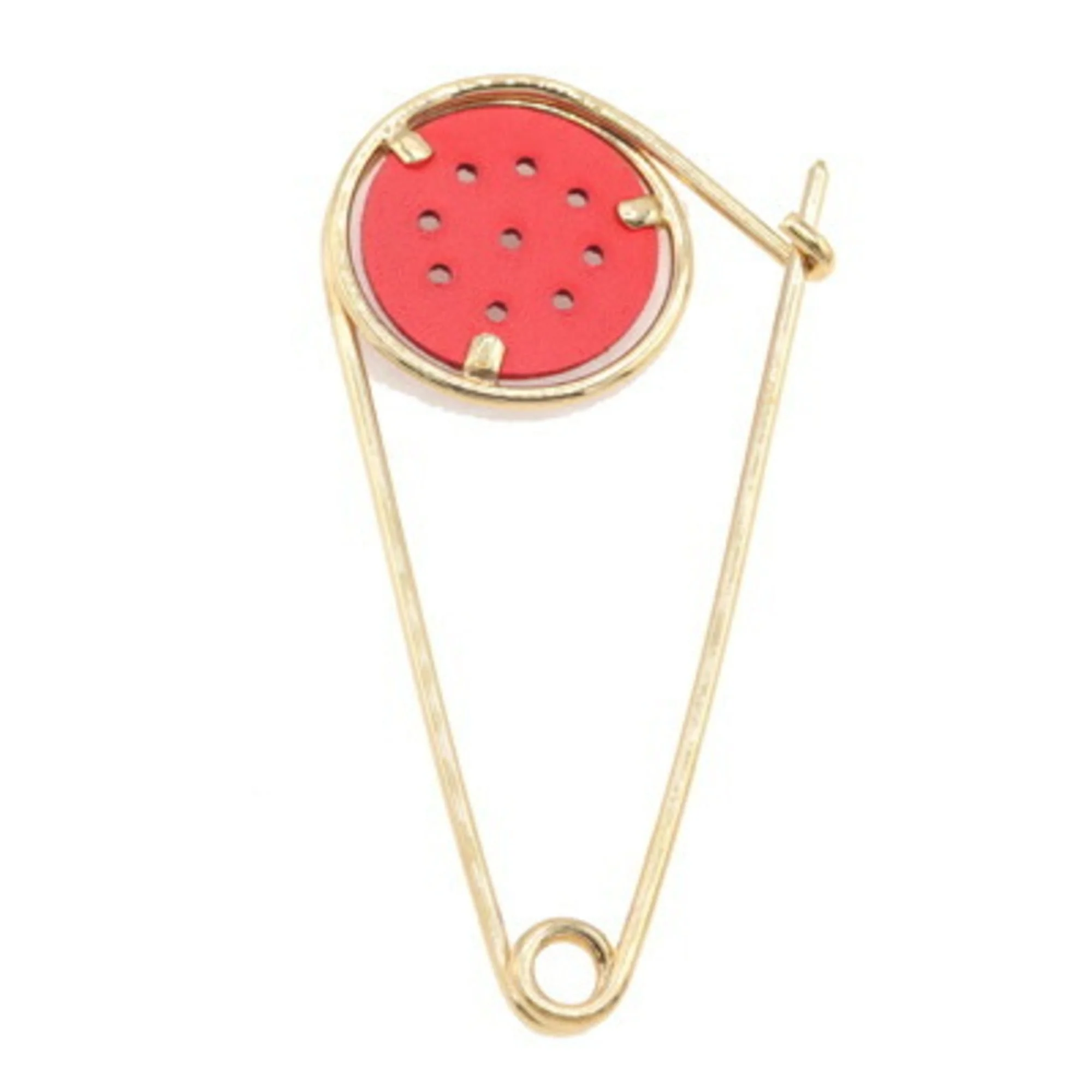 Meccano Pin Brooch Red Gold Leather and Metal Small - Image 2