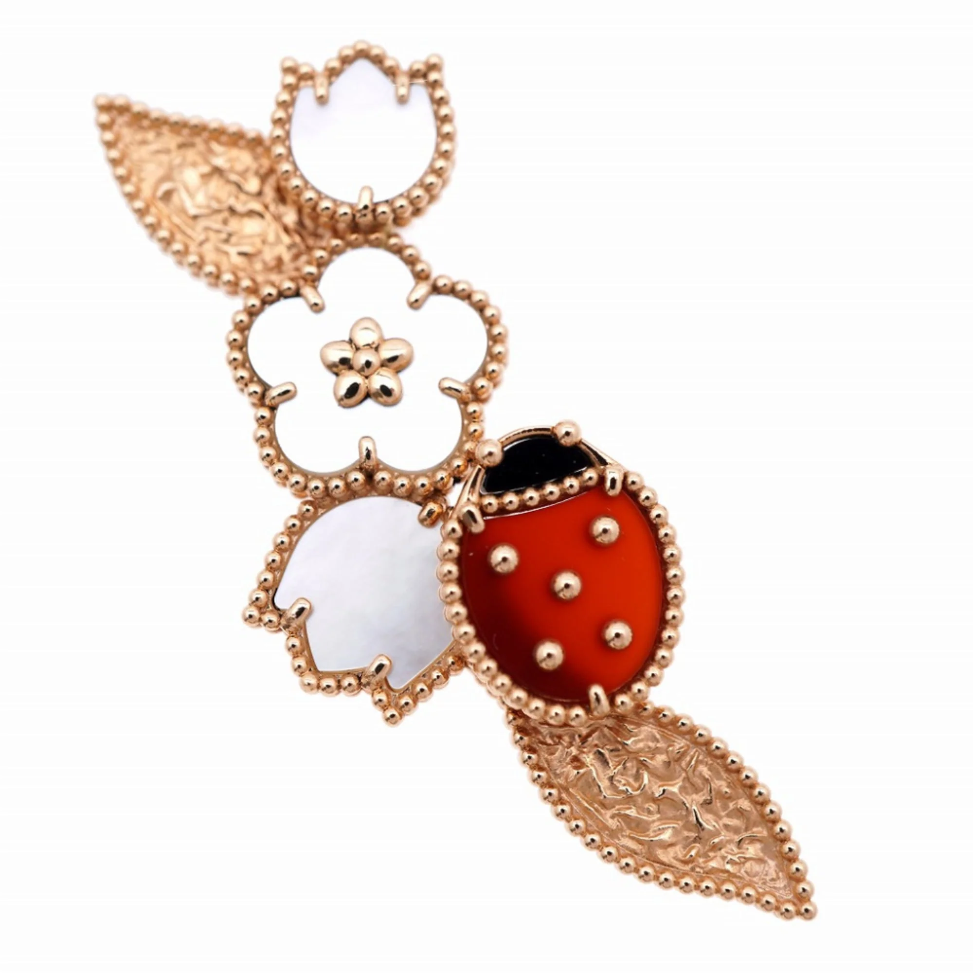 Brooch 18K Rose Gold with Onyx Carnelian and Mother of Pearl