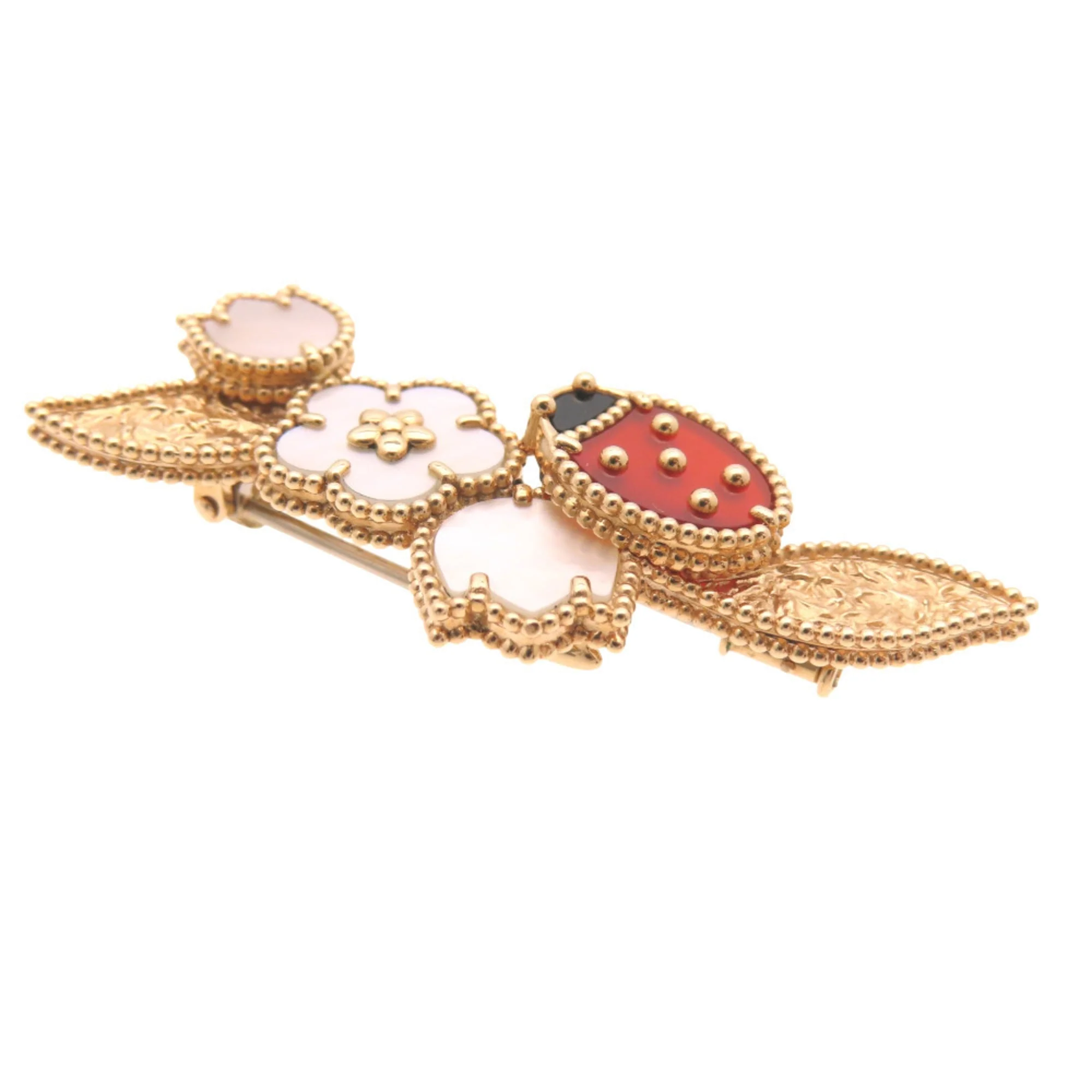 Brooch 18K Rose Gold with Onyx Carnelian and Mother of Pearl - Image 3