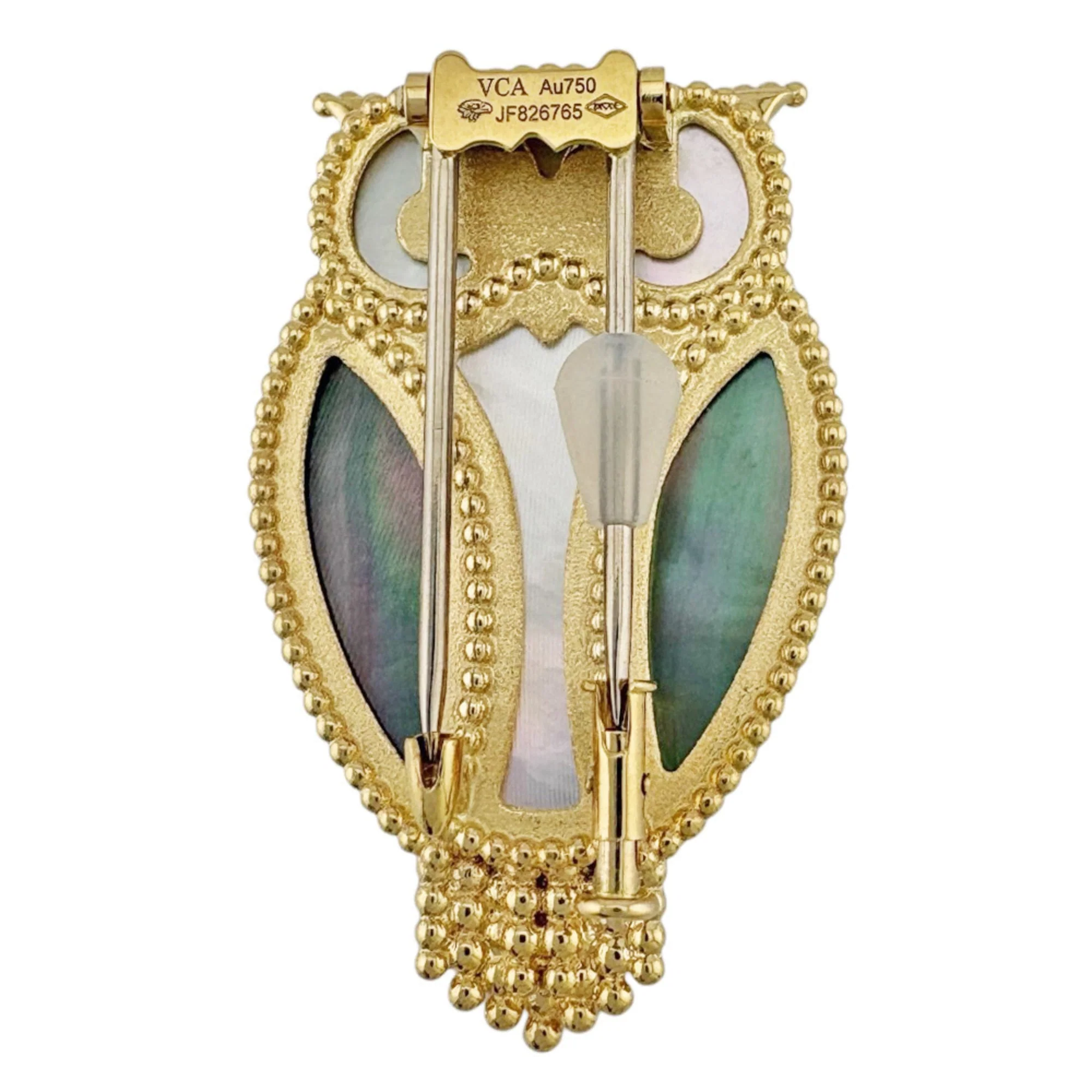 Lucky Animals Owl Brooch 18K Yellow Gold with Mother of Pearl and Onyx - Image 3