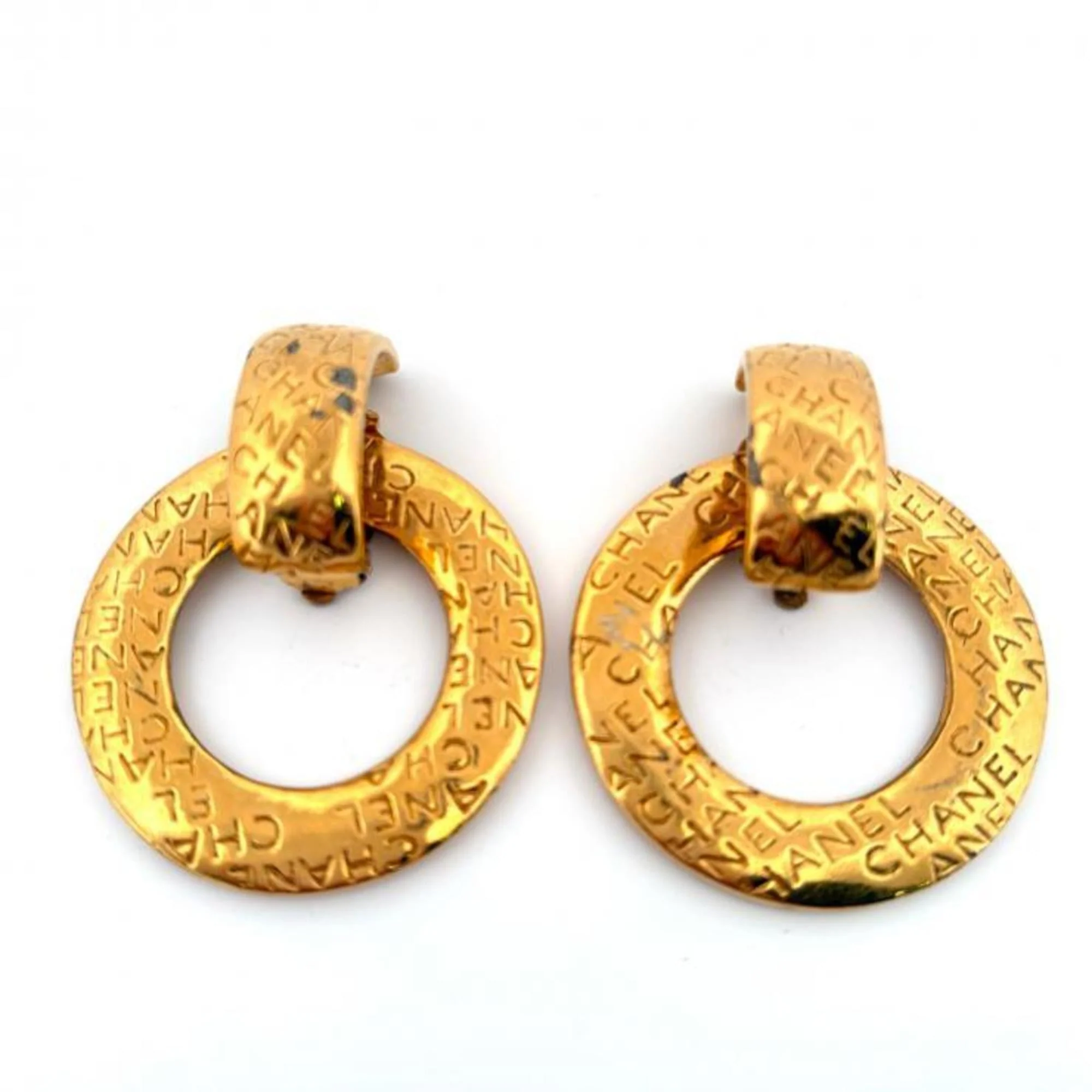 Vintage Clip-On Earrings Logo Hoop Gold-Tone Metal