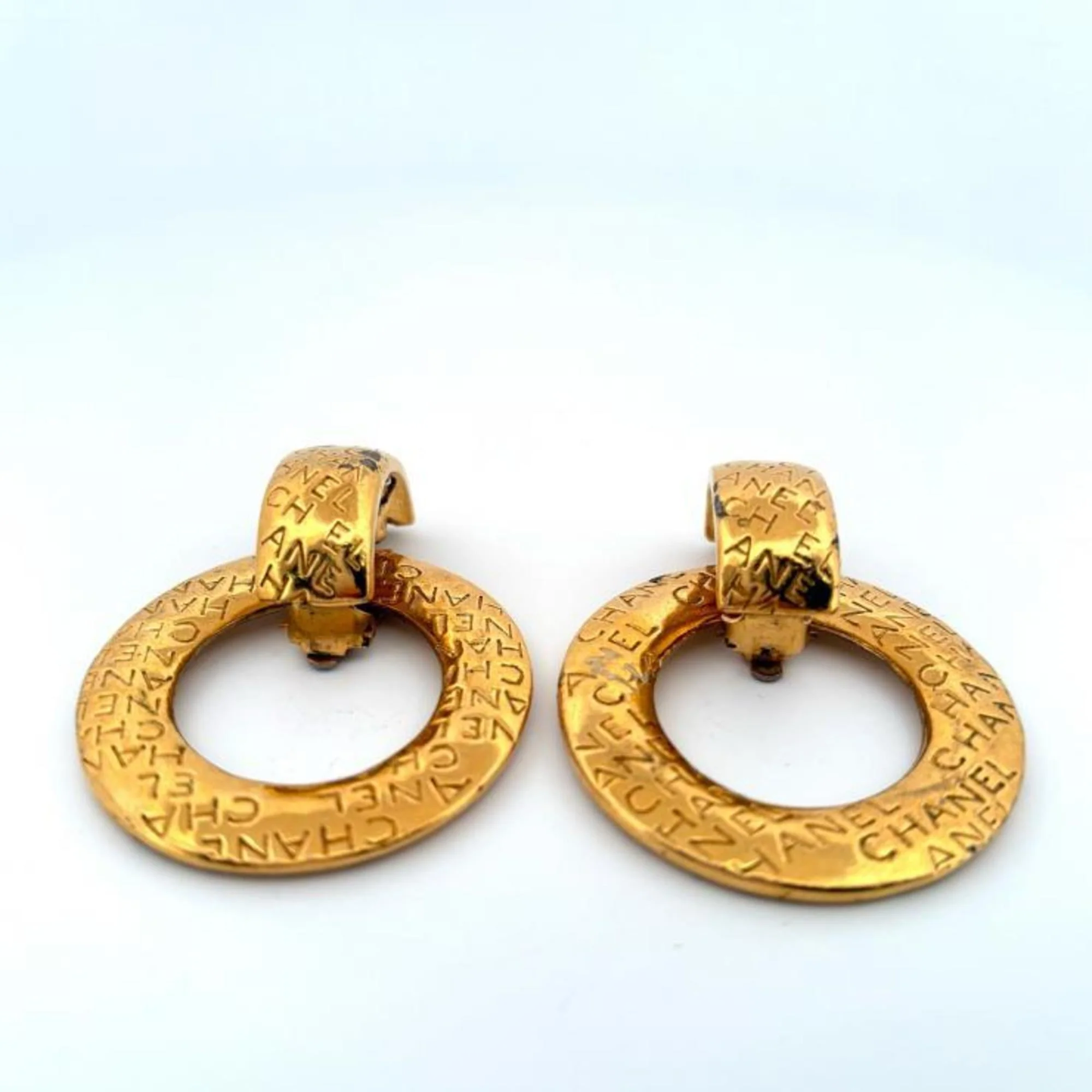 Vintage Clip-On Earrings Logo Hoop Gold-Tone Metal - Image 2