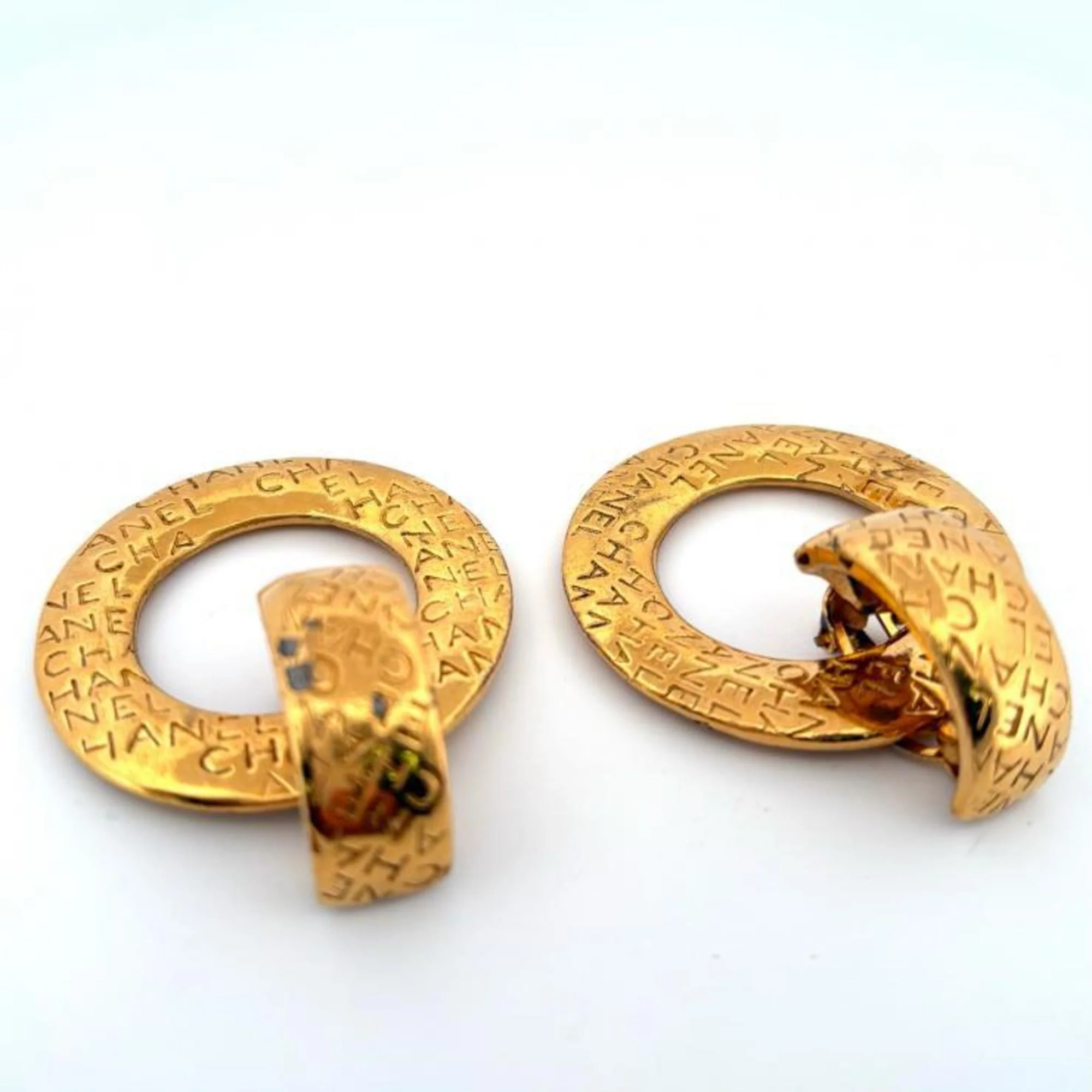 Vintage Clip-On Earrings Logo Hoop Gold-Tone Metal - Image 4