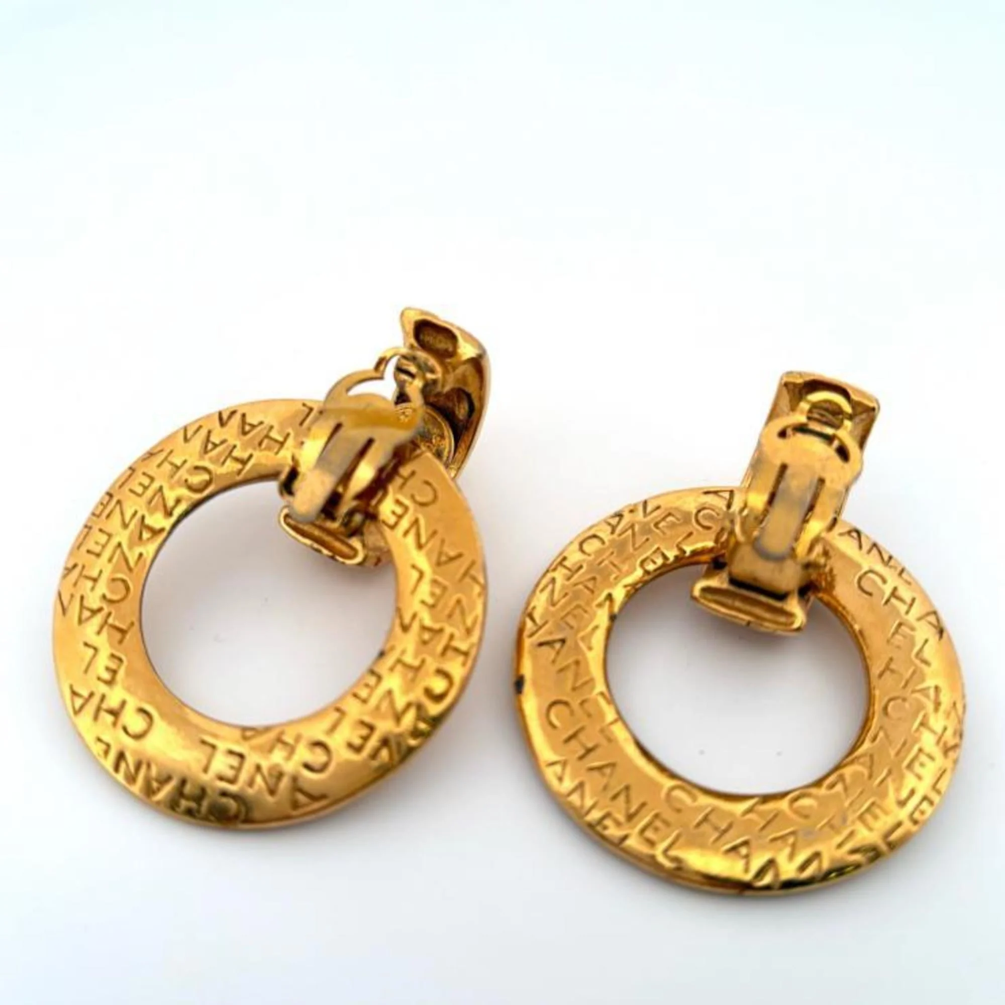 Vintage Clip-On Earrings Logo Hoop Gold-Tone Metal - Image 5